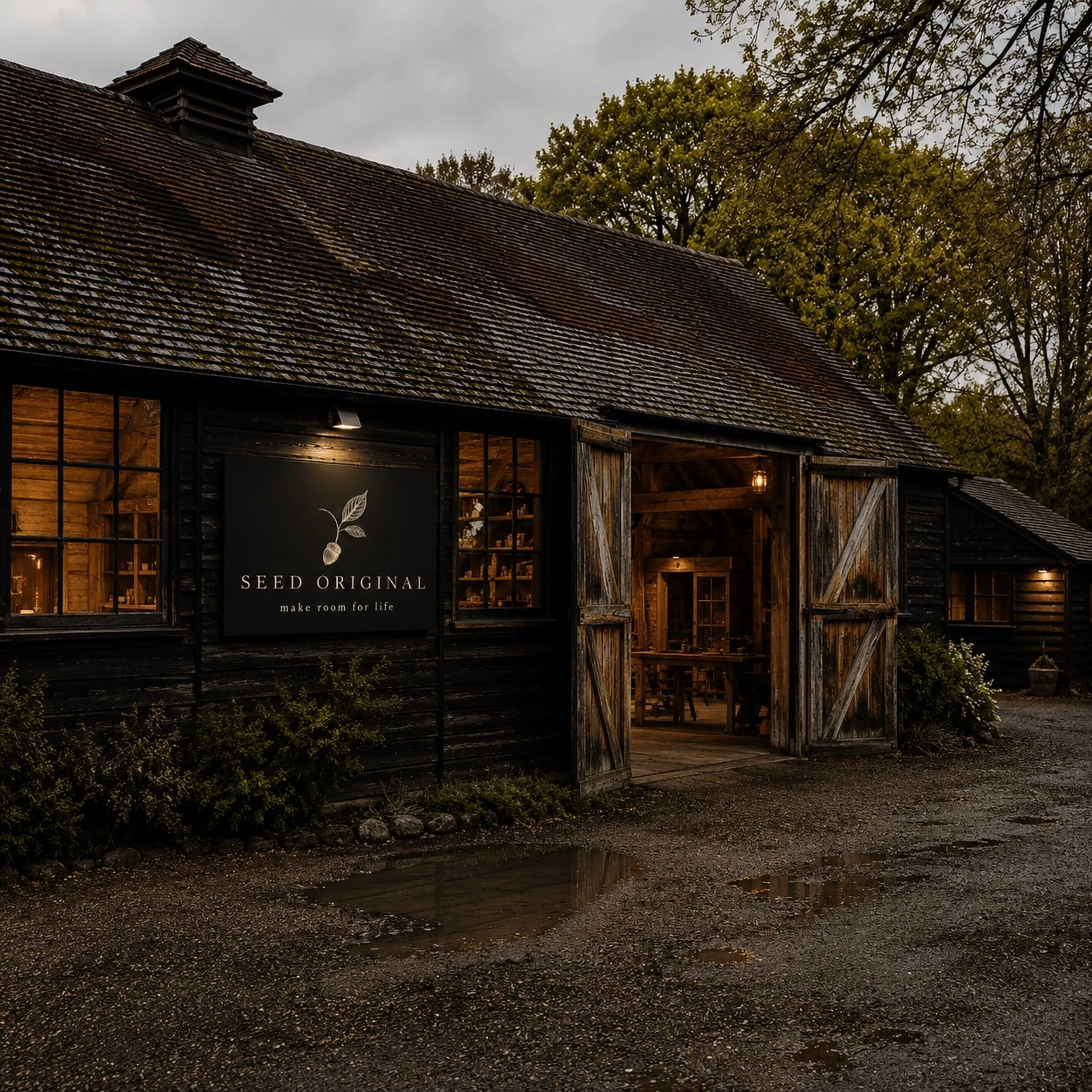 A rustic workshop with a shingled roof, lit windows, and a sign that reads 'Seed Original' inside. Trees with autumn foliage are visible in the background, and the ground in front has a small puddle reflecting the barn.