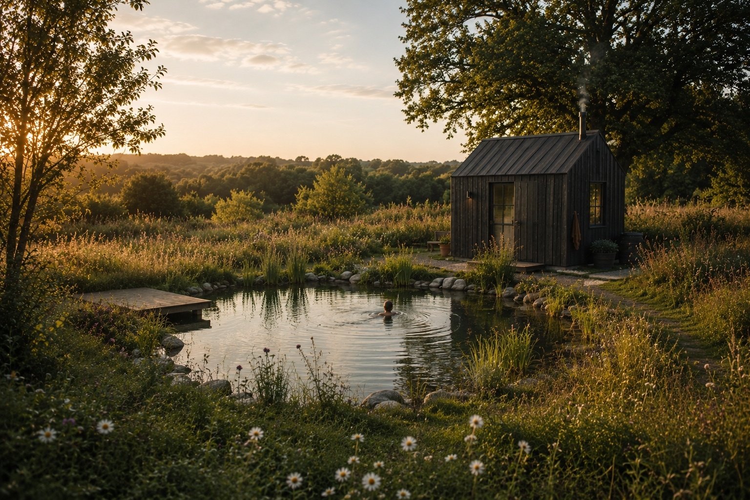 Person swimming in a natural swimming pond near a small wooden sauna, surrounded by tall grass and trees, with a sunset sky.