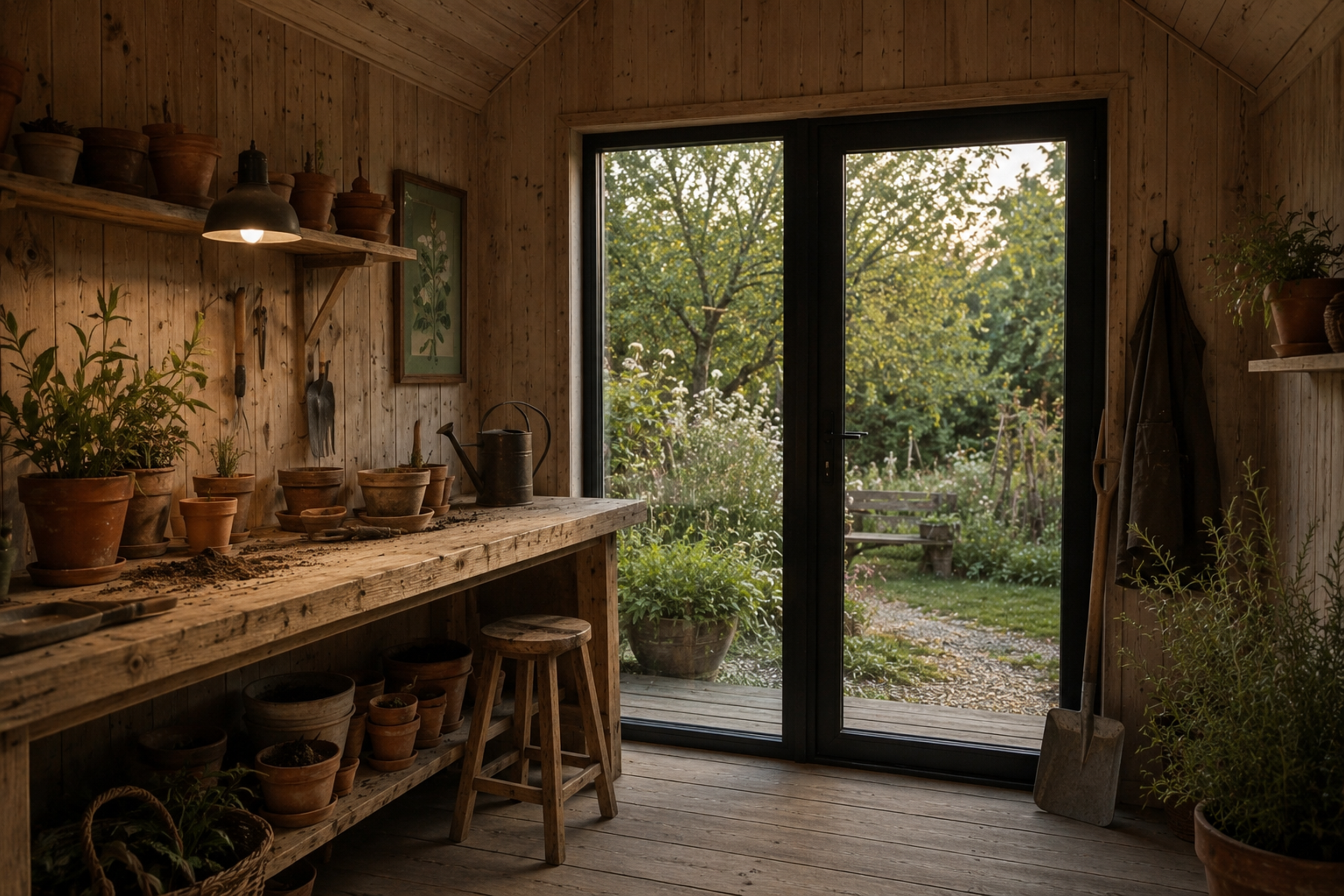 A cozy wooden indoor gardening space with a large sliding glass door looking out into a lush green garden. The room has wooden walls and shelves with various potted plants and gardening tools.