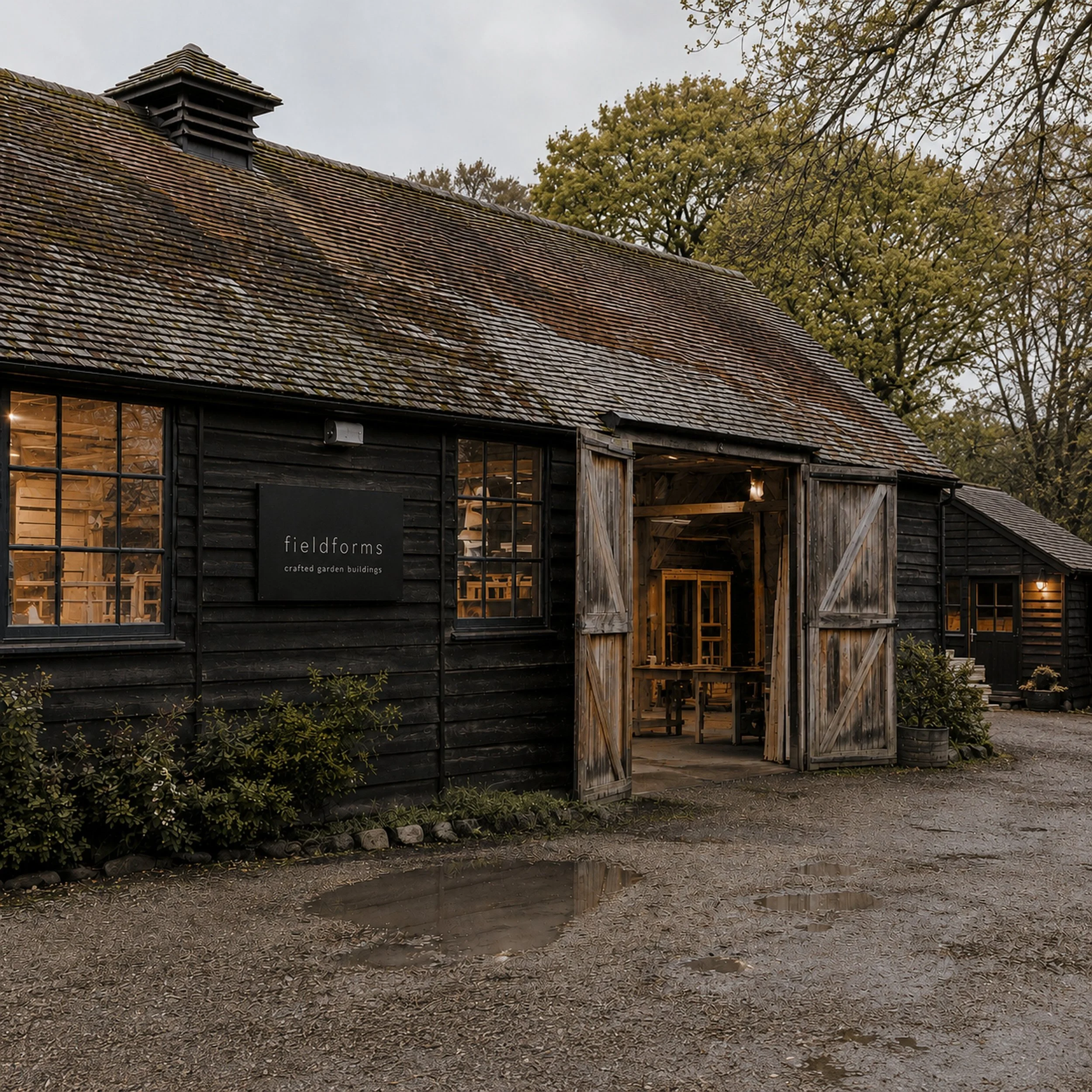 A black wooden building with large windows and a sign that reads 'fieldforms crafted garden buildings.' The building has a weathered appearance, with some exposed wood, and is surrounded by greenery. There is a dirt pathway and a puddle in the foreground, reflecting part of the building and trees beside it. The sky is overcast.