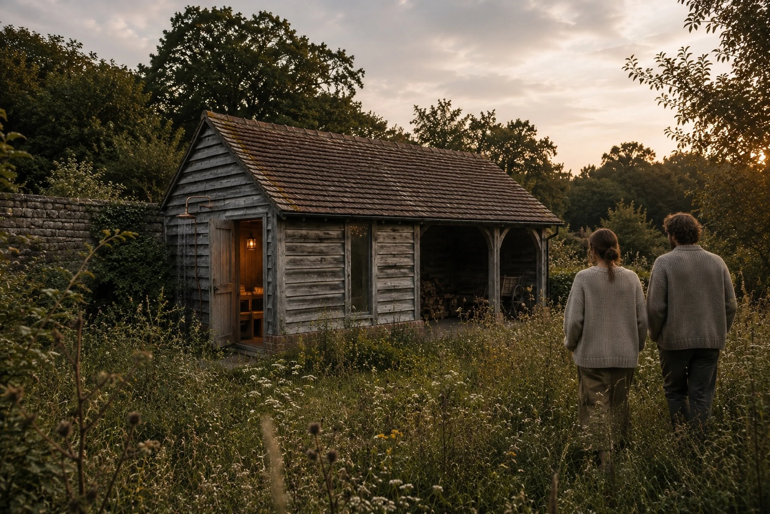 A rustic wooden shed with a tiled roof and an open door glowing with warm light, situated in a garden with overgrown grass and wildflowers. Two people, a woman and a man, walk away from the shed. The scene is set at sunset with the sky partly cloudy, surrounded by dense trees.