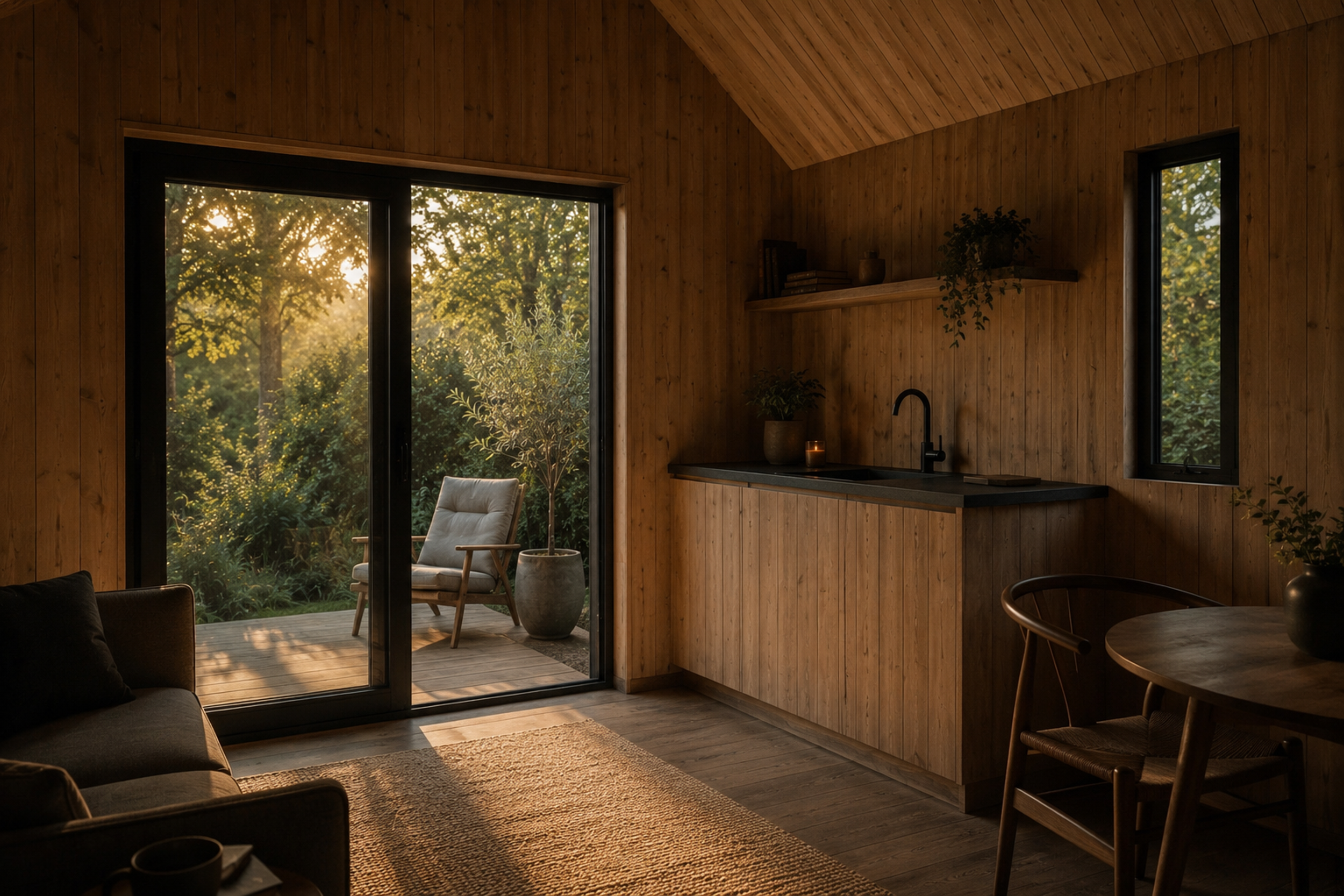 Interior of a wooden house with large glass doors leading to an outdoor deck and garden, furnished with a sitting chair, table, and potted plants.