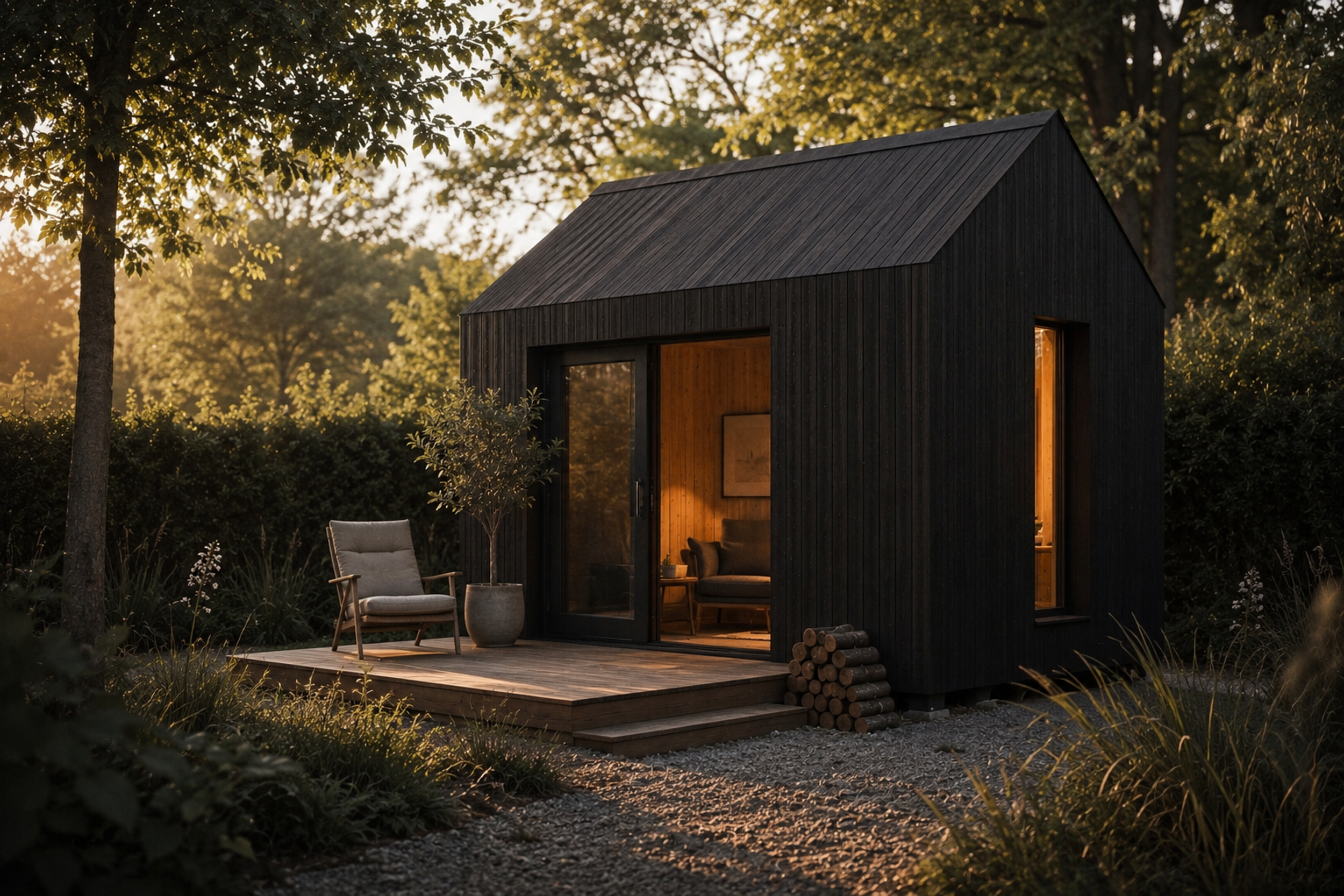A small black wooden cabin with large glass doors, illuminated from inside, situated in a lush forest at sunset. There is an outdoor chair and potted plant on a wooden deck.