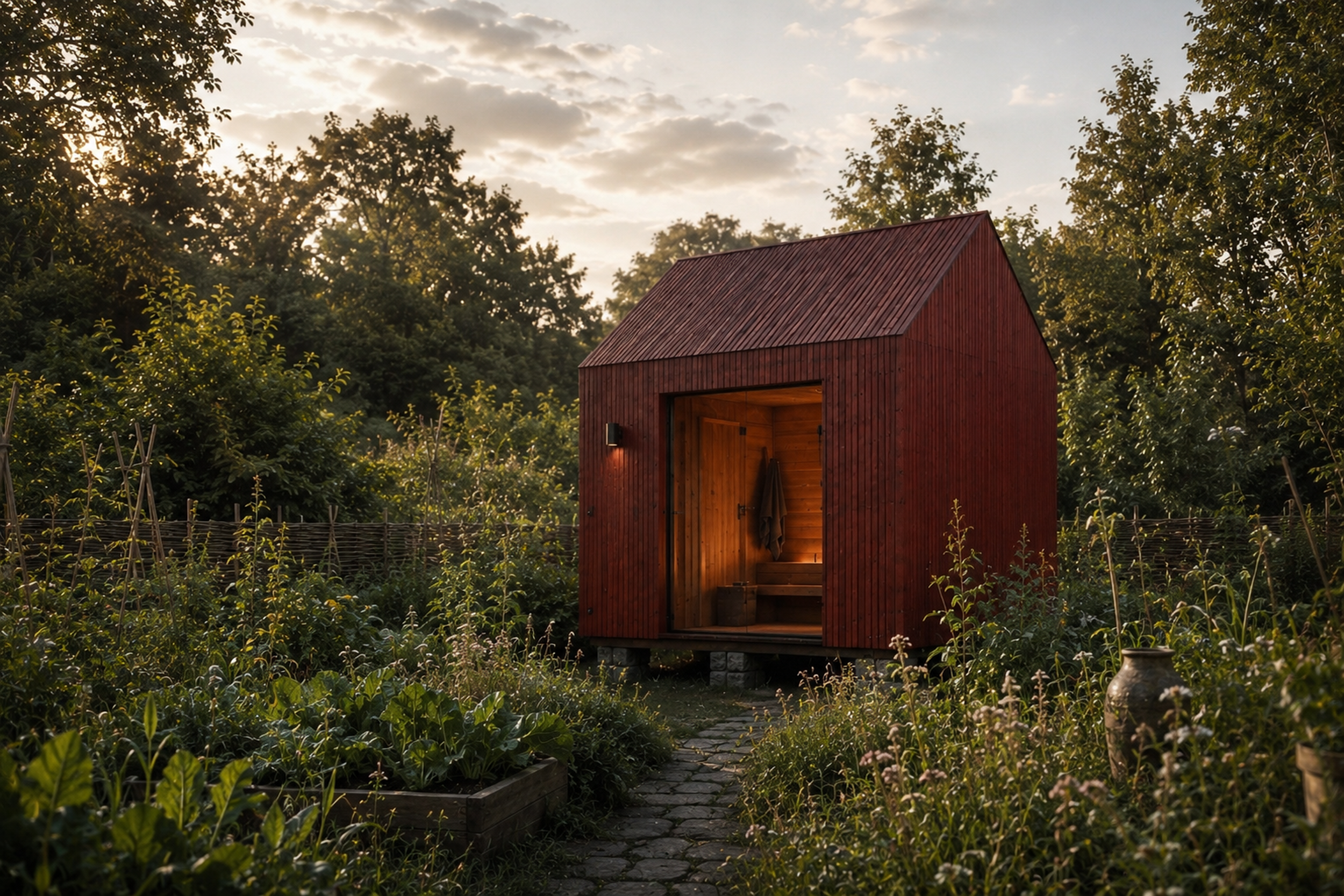 A small wooden backyard sauna with a red exterior and open door, surrounded by garden plants and a stone pathway, during sunset.