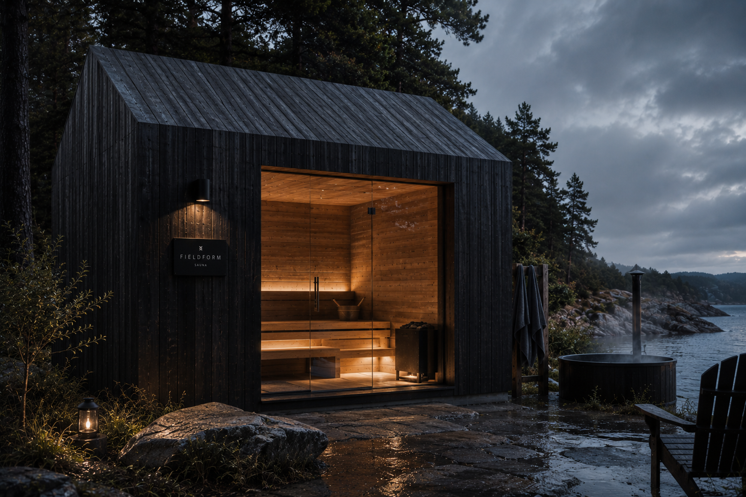 A modern black wooden sauna by a lakeside during dusk, with warm interior lights visible through glass doors, surrounded by rocks, trees, and outdoor furniture, under a cloudy sky.