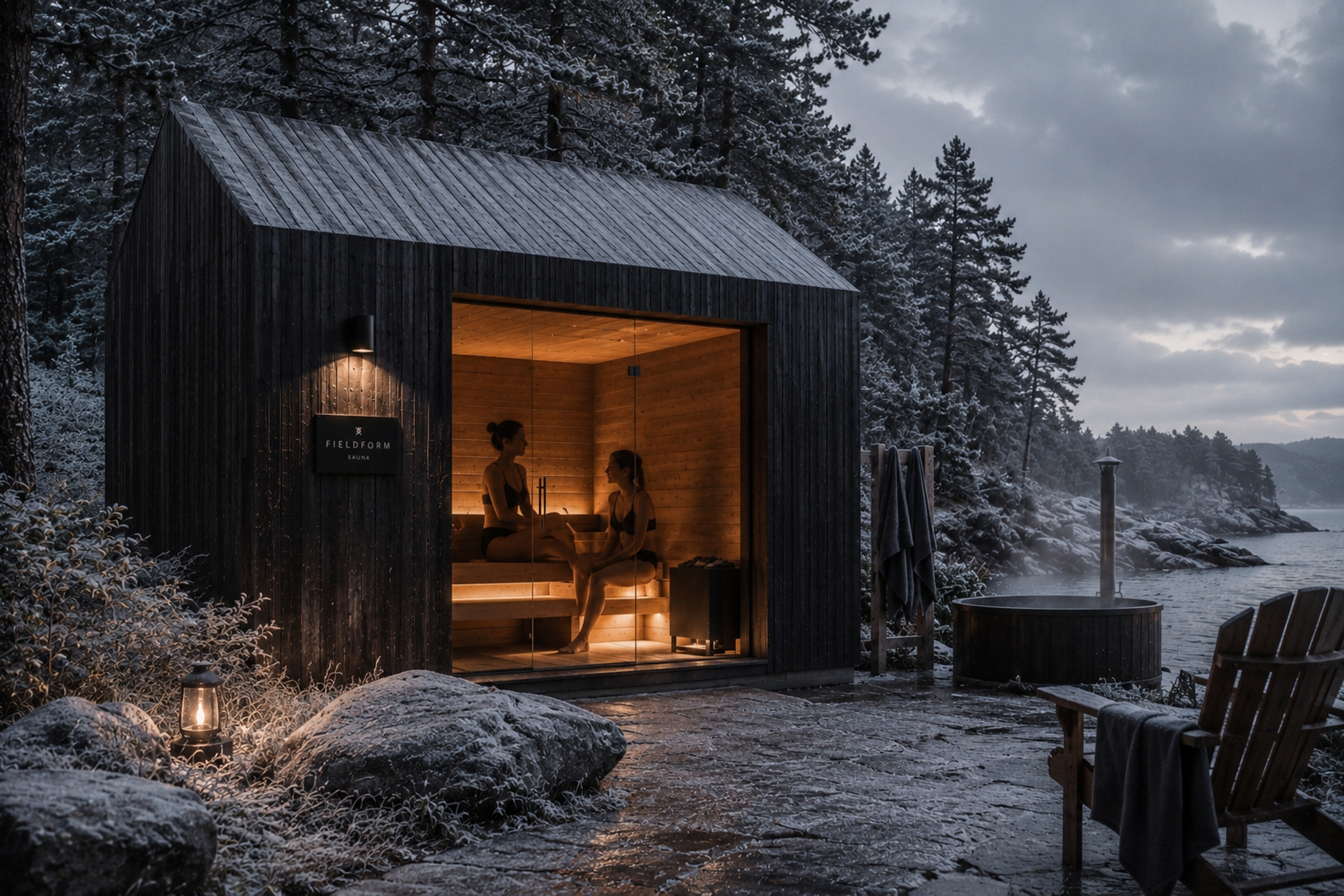 Two women sitting inside a wooden sauna at dusk, surrounded by snow-covered rocks and trees by a lake, with outdoor chairs and towels nearby.