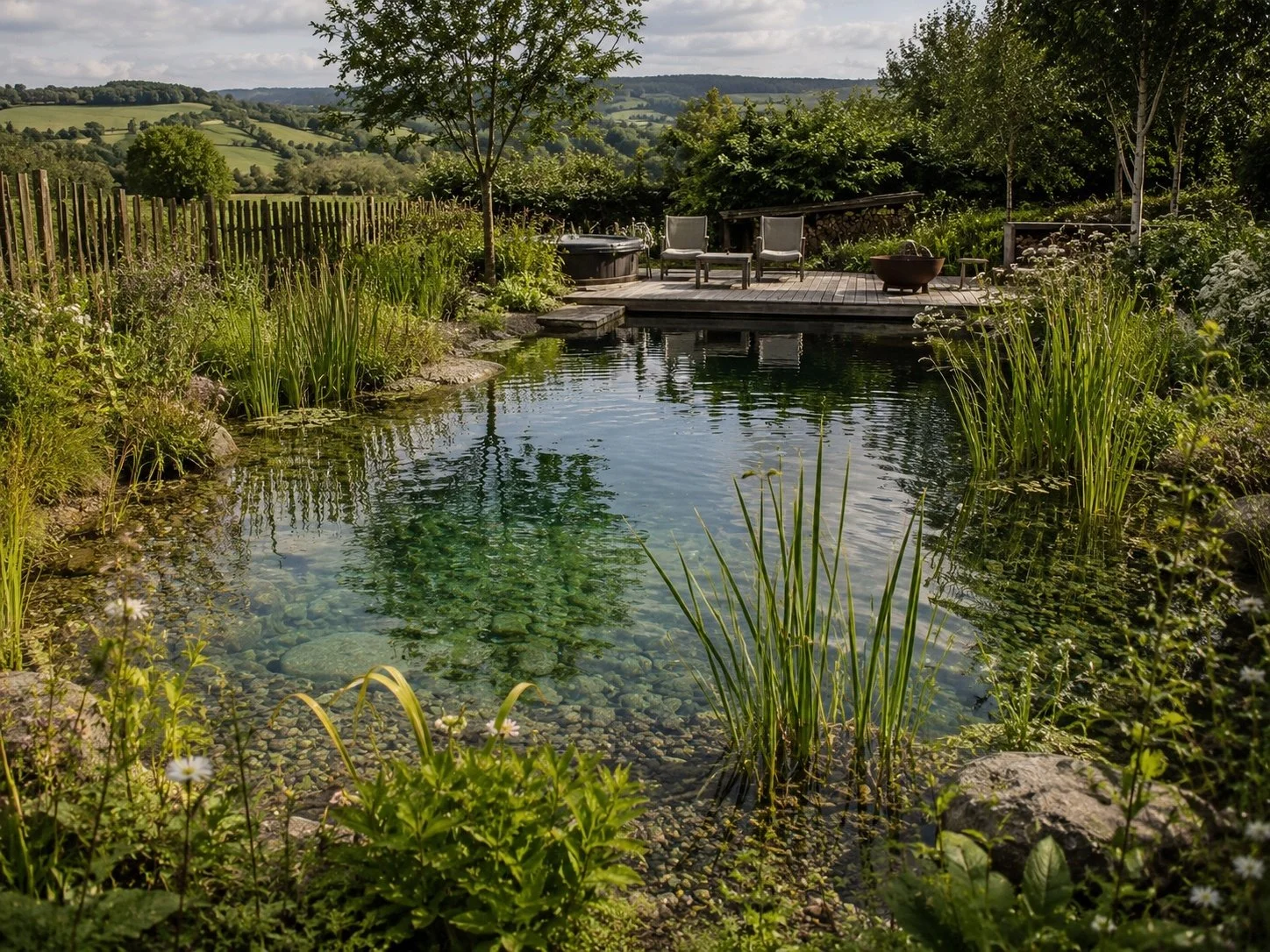 Serene garden scene with a small natural swimming pond surrounded by plants and rocks, a wooden deck with outdoor chairs, and rolling green hills in the background under a slightly cloudy sky.