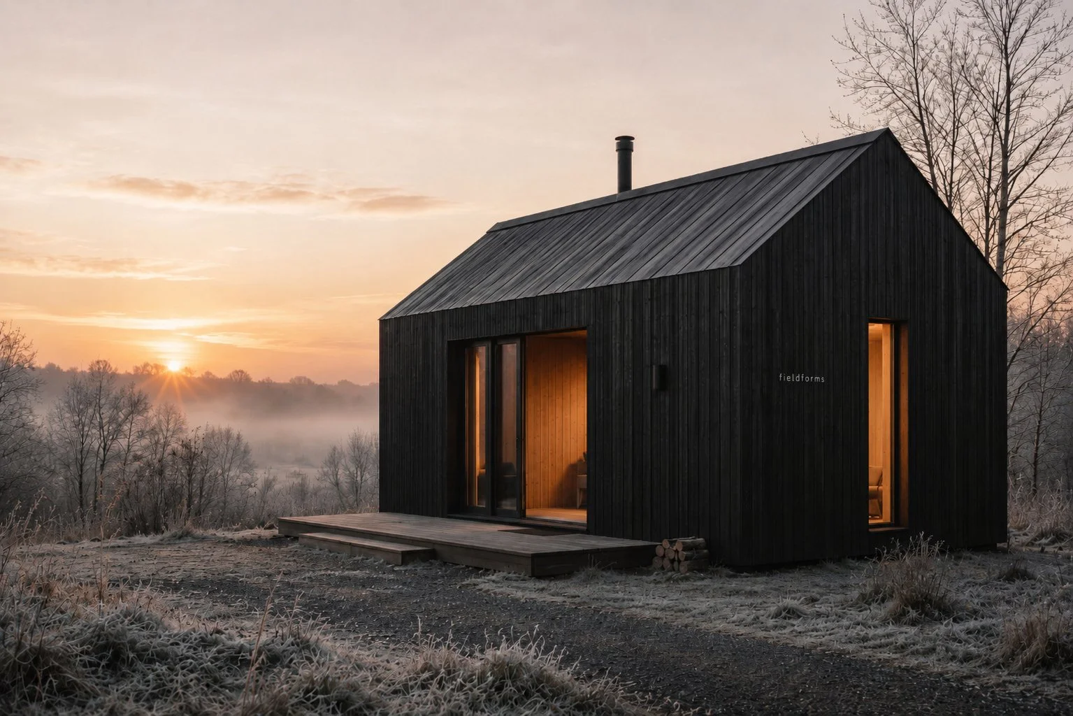A small black cabin with a metal roof and warm interior lighting, situated on a frosty landscape during sunrise or sunset, with bare trees in the background.