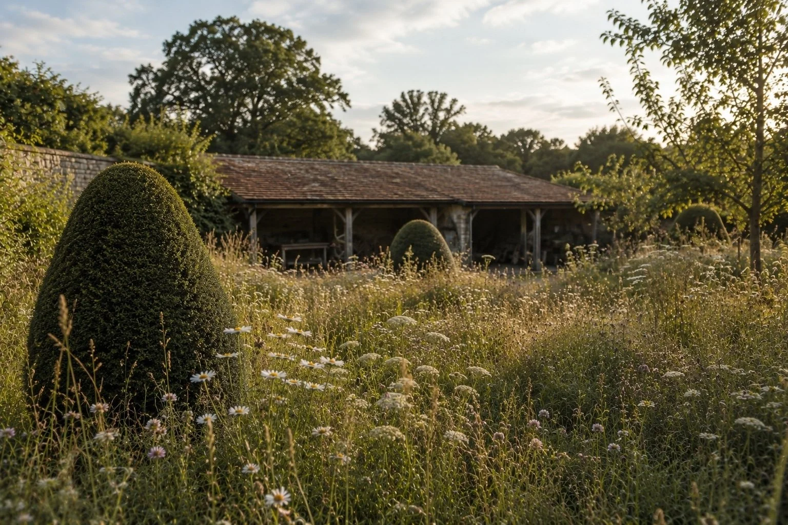 A garden meadow scene with a variety of wildflowers and neatly shaped bushes, featuring a rustic wooden cart lodge in the background, illuminated by warm sunlight with trees and a partly cloudy sky overhead.