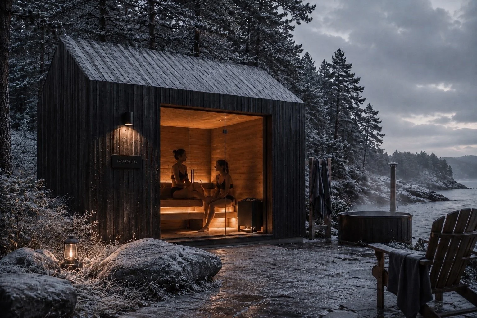 Two women in swimsuits inside a small wooden sauna by a snowy lake at dusk, with a lantern and outdoor chair nearby.