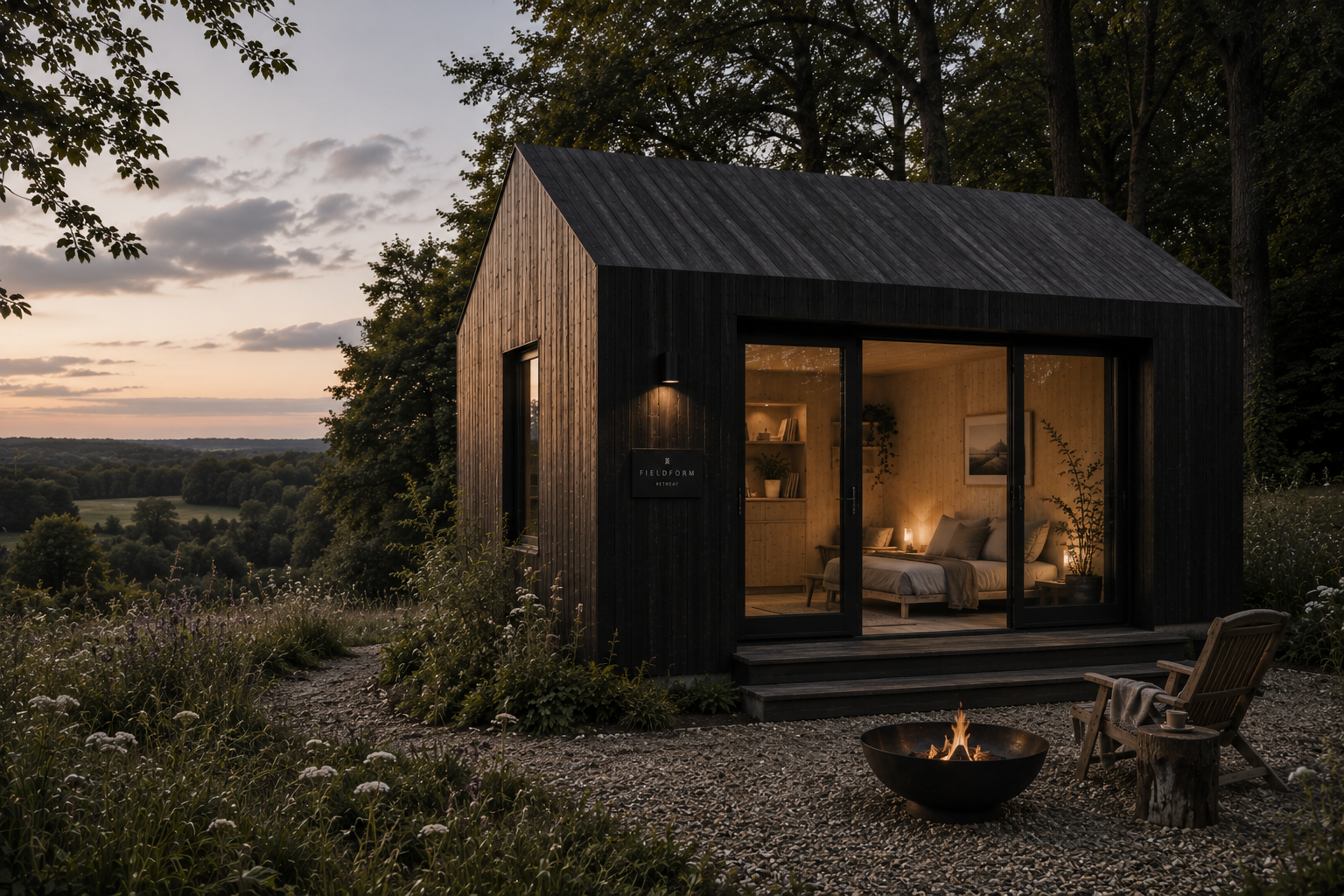 A modern tiny house with large glass doors, illuminated from inside, situated in a forested area at dusk. There is a fire pit and chairs in the foreground, with a scenic landscape of rolling hills and trees in the background.
