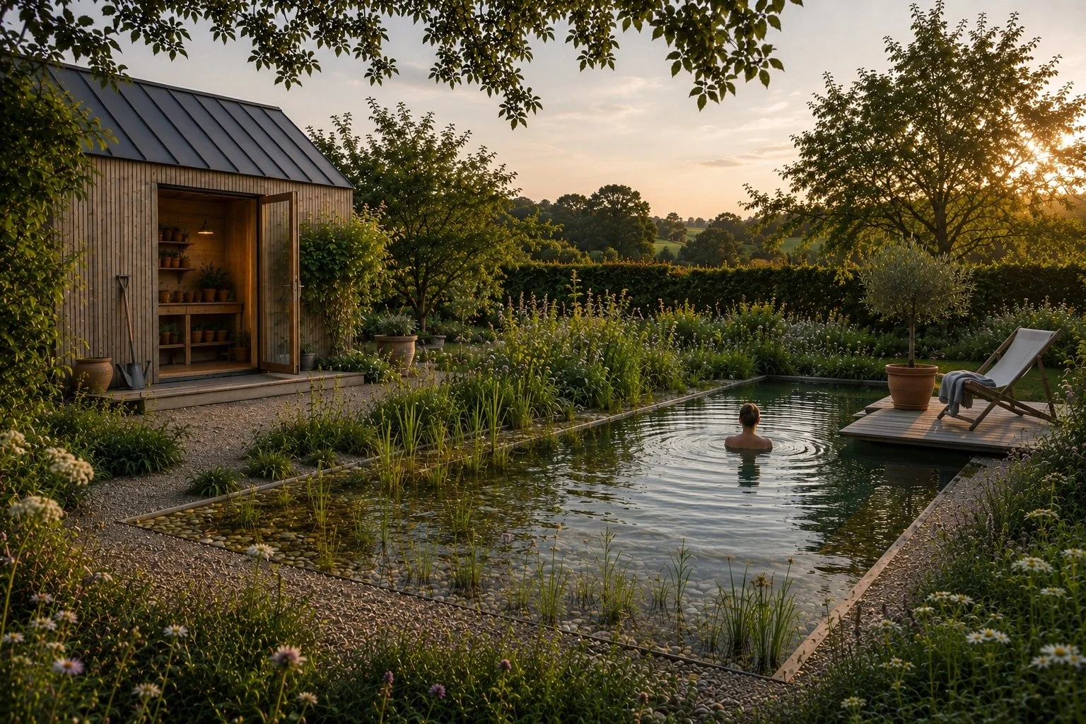 Person relaxing in a small natural swimming pool at sunset, surrounded by lush garden with trees, plants, and a wooden shed with gardening tools nearby.