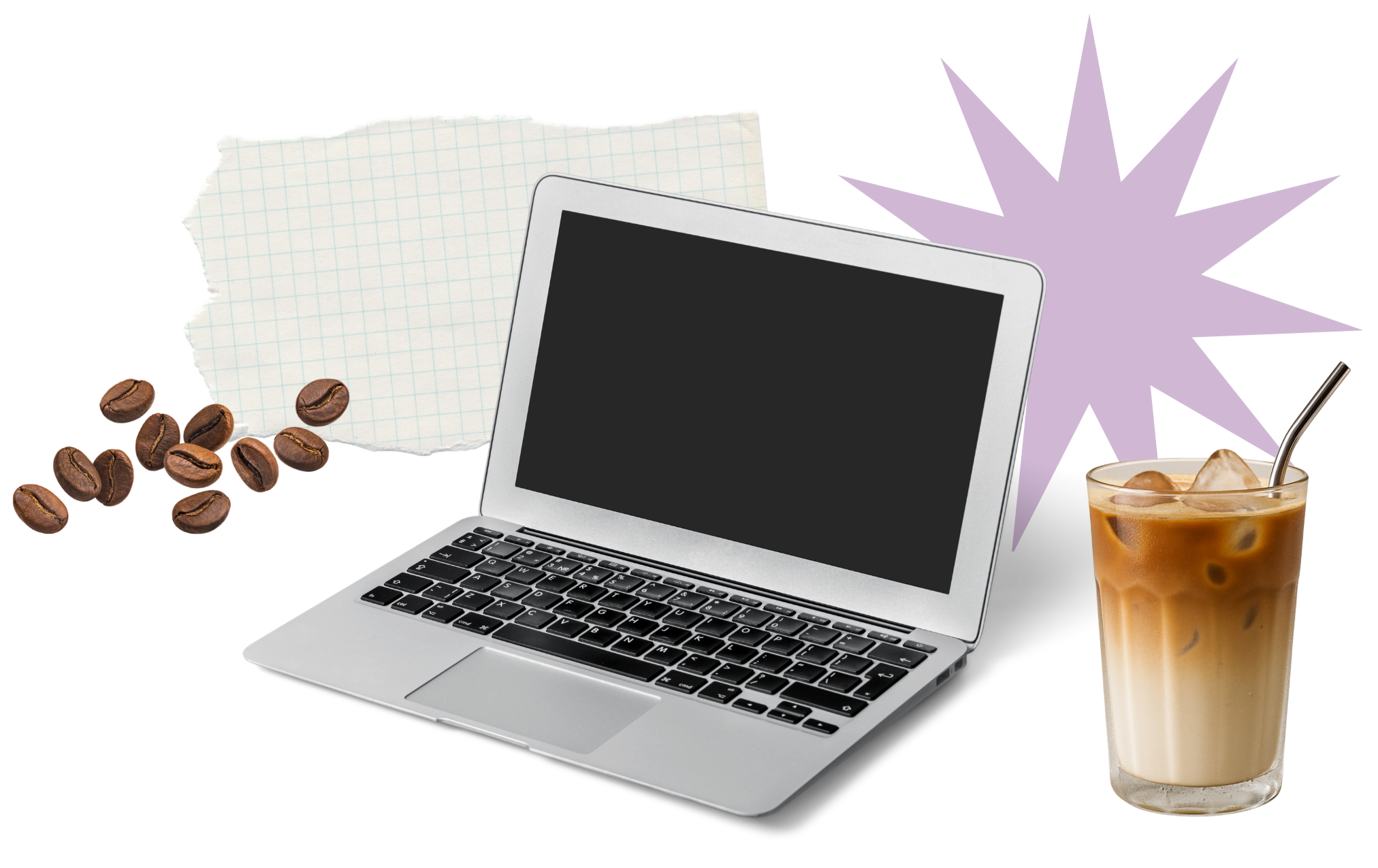 Imagem de um laptop aberto, um copo de café com gelo e canudo, alguns grãos de café torrado, e uma folha de caderno com papel quadriculado ao fundo.