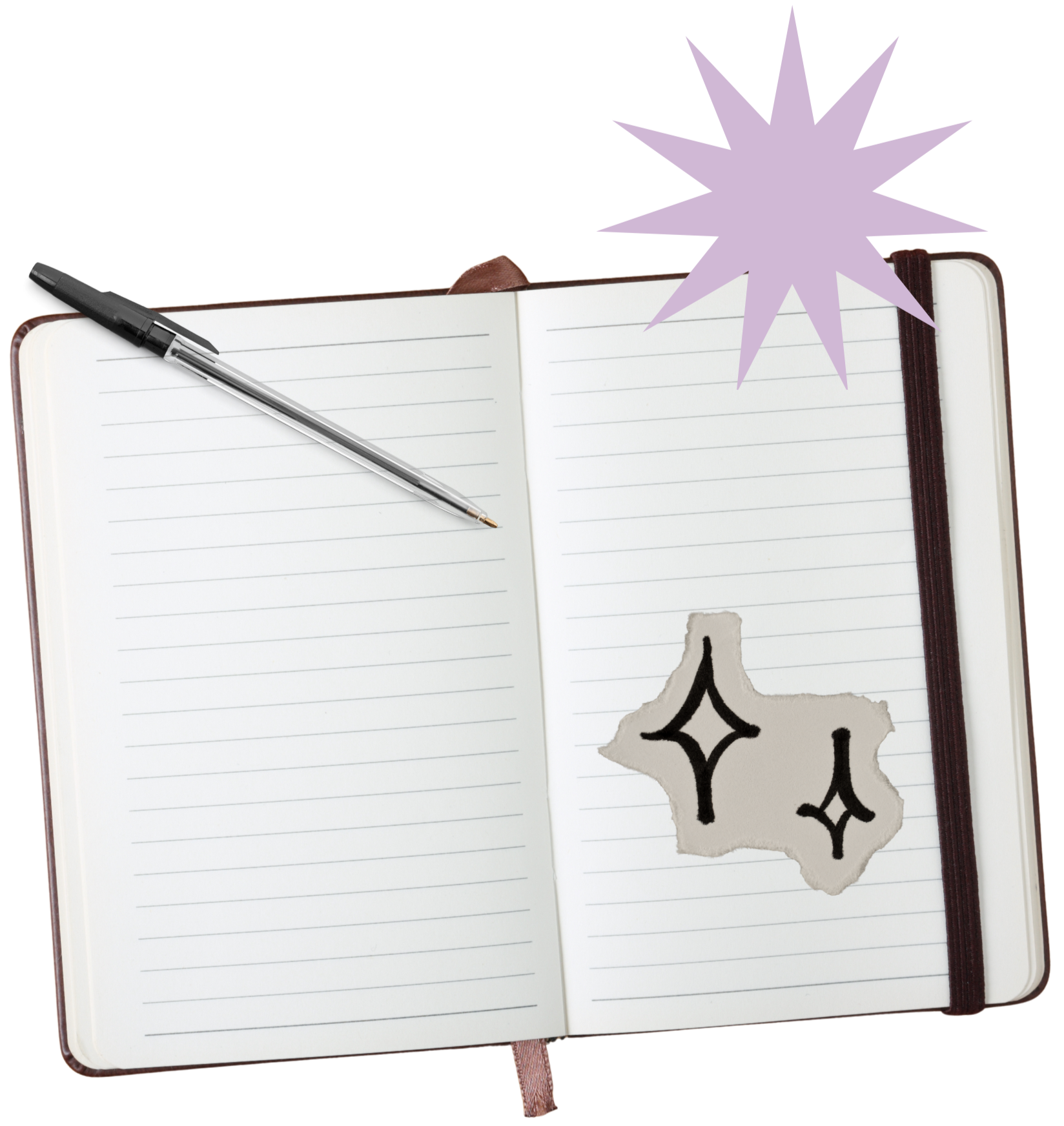 Caderno aberto com páginas em branco, uma caneta preta apoiada na página esquerda, um recorte de papel com desenhos de estrelas brilhantes.