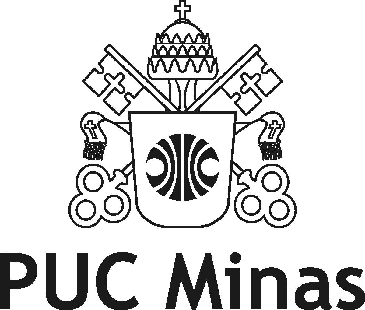 Logotipo do PUC Minas com escudo que inclui chaves, uma cruz e um símbolo central, com o texto 'PUC Minas' na parte inferior.