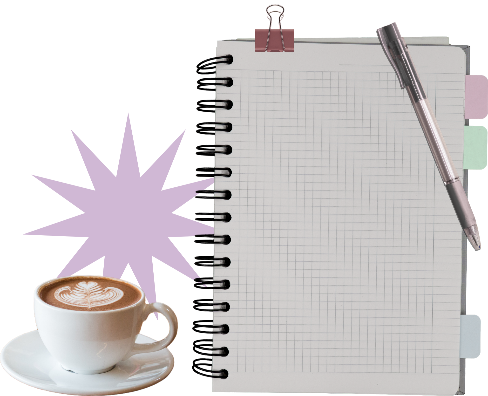 Caderno de página quadriculada com clipe de metal rosa preso na capa, ao lado uma caneta de plástico transparente e uma xícara de café com arte de cappuccino.