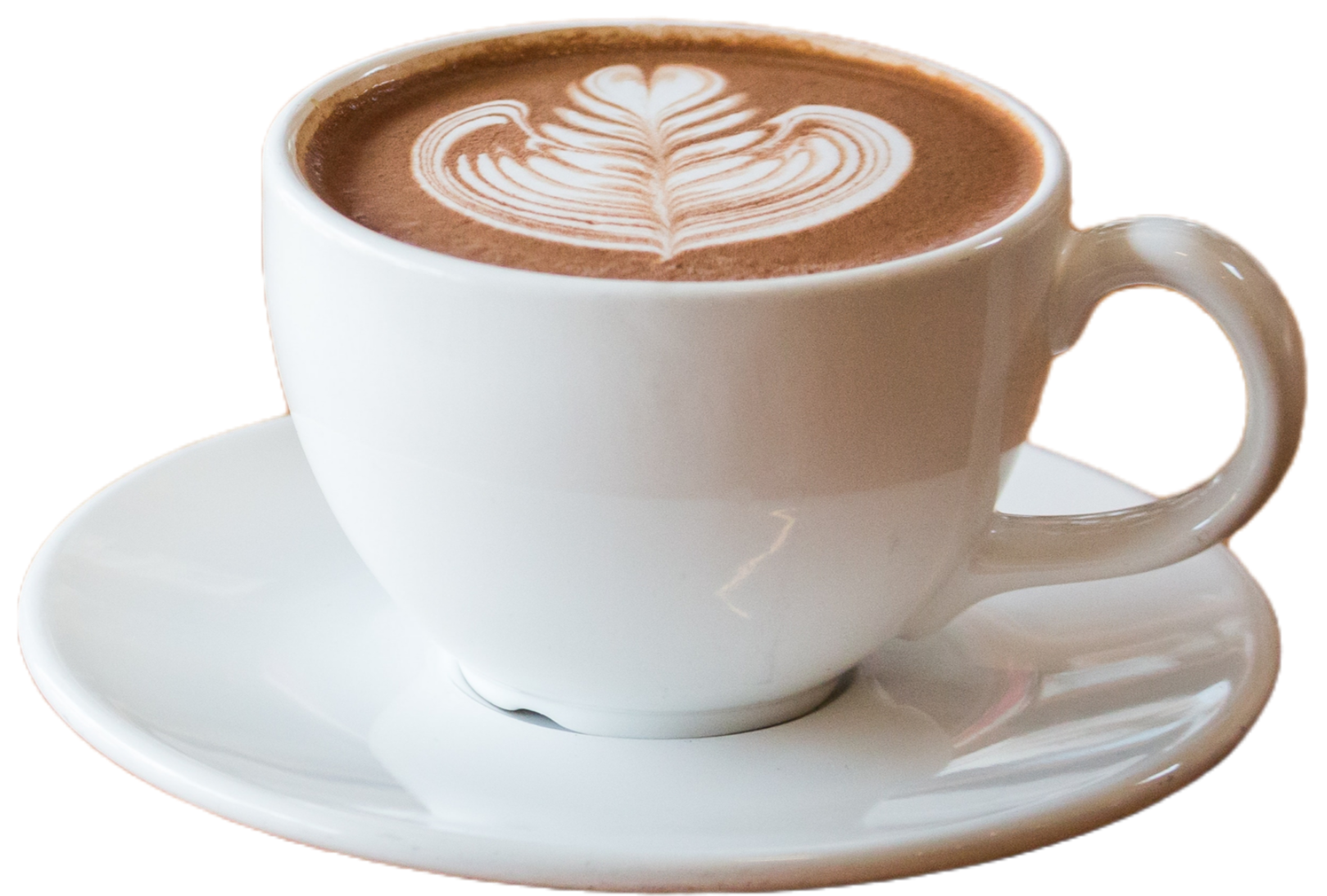 Xícara de café com leite com latte art de coração sobre um pires branco.