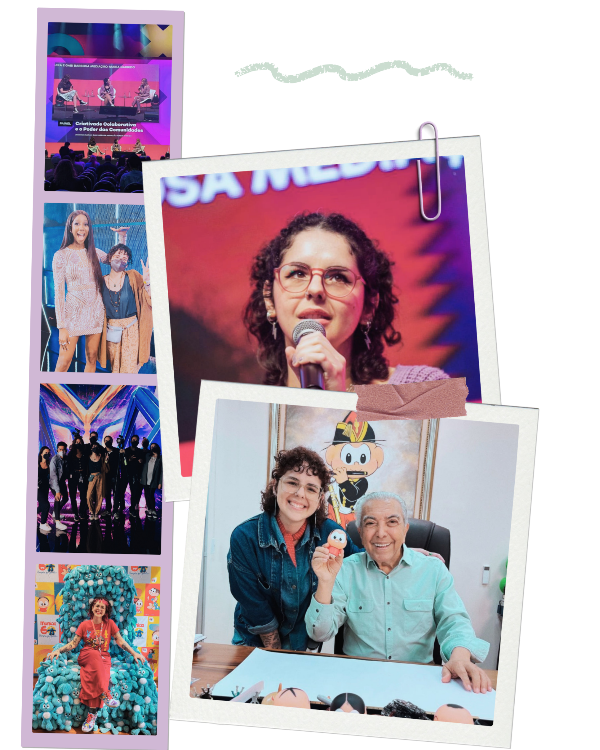 Coleção de fotos de eventos e encontros com diversas pessoas, incluindo painéis de discussão, apresentações, foto com Mauricio de Sousa e momentos de convivência e celebração.