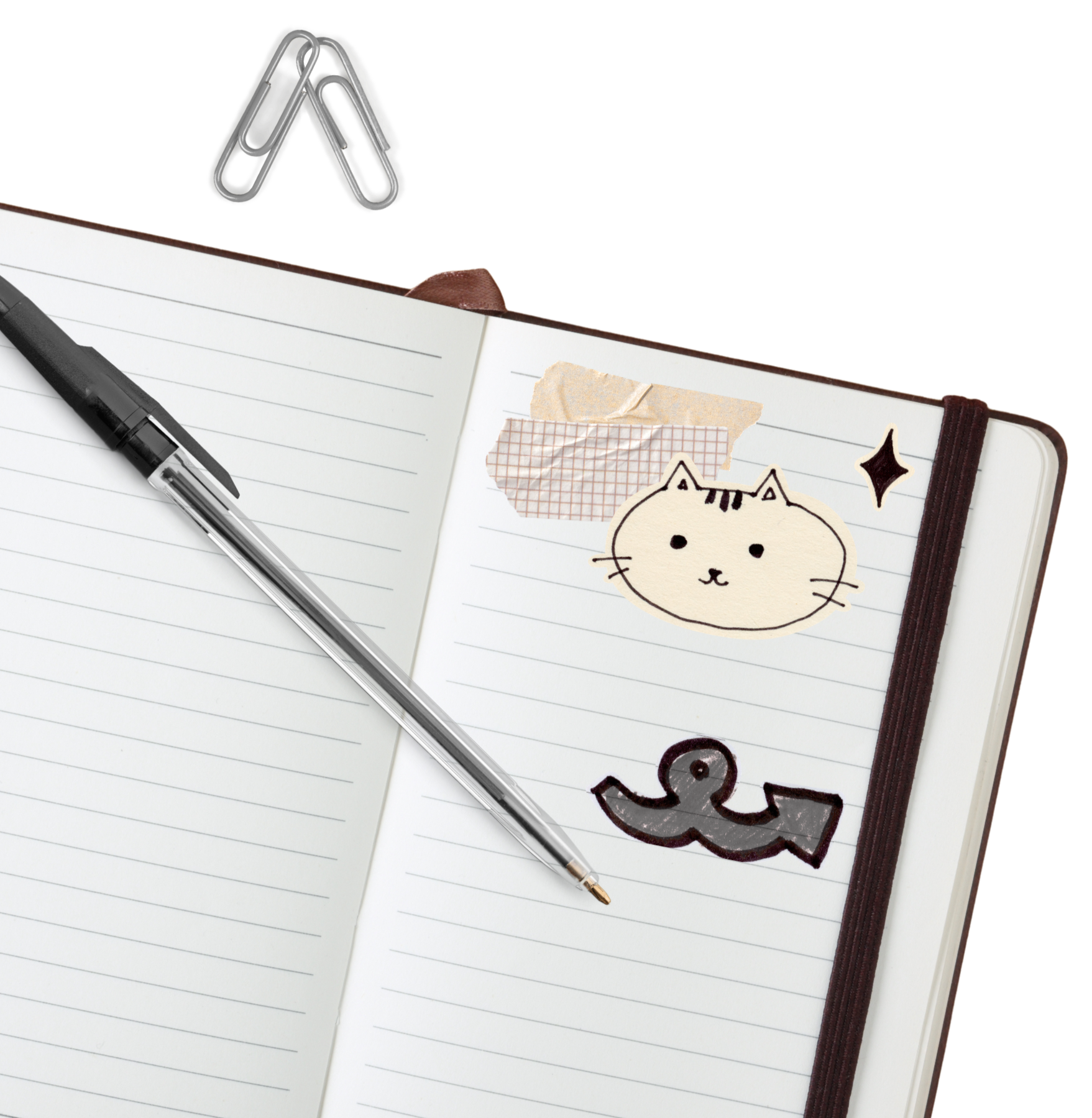Caderno aberto com linhas horizontais, decorado com desenhos de um gatinho, estrelas e alguns adesivos, contendo uma caneta preta.