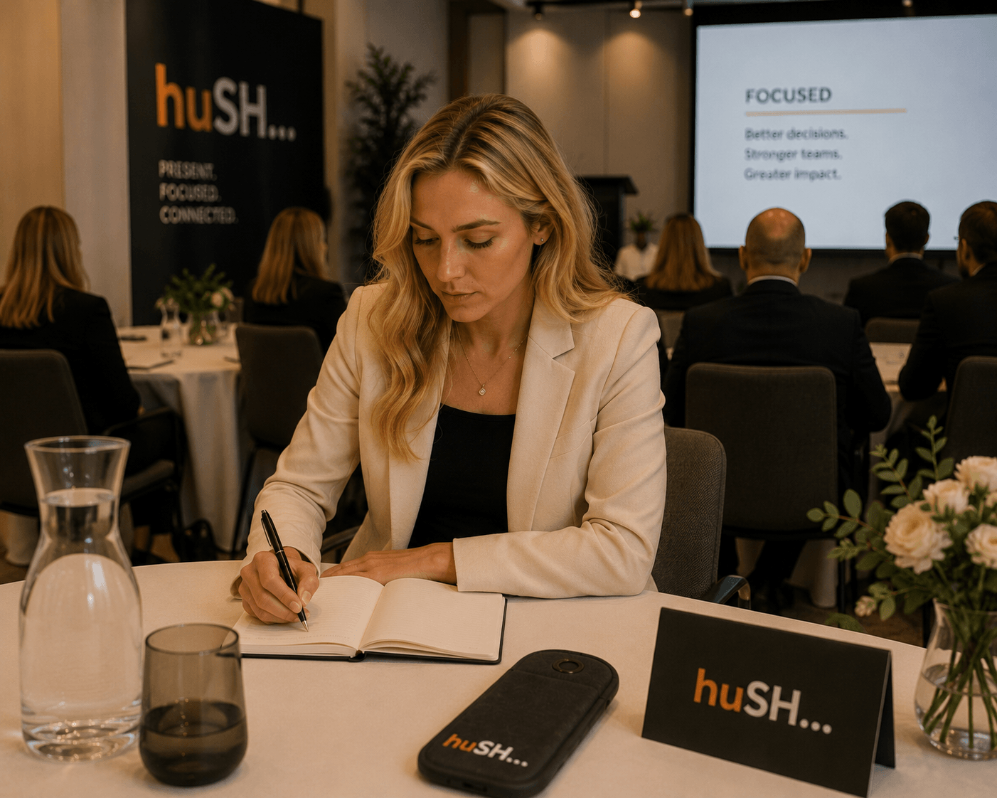 A woman in a cream blazer taking notes during a Hush Pouch Events conference with a focus on the presentation slide that reads "FOCUSED: Better decisions, Stronger teams, Greater impact."
