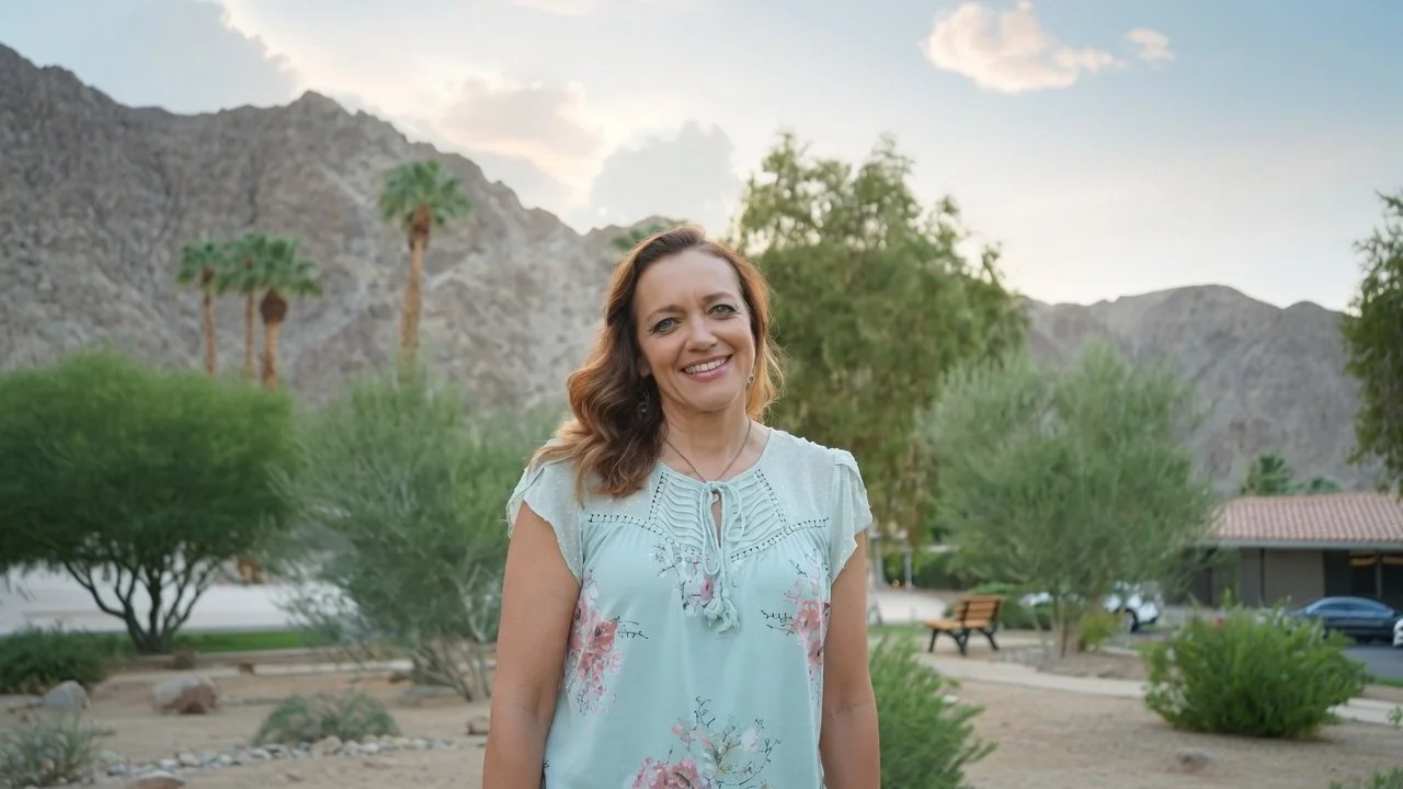 A smiling woman standing outdoors in a desert landscape with mountains, palm trees, and green shrubbery in the background during late afternoon or early evening.