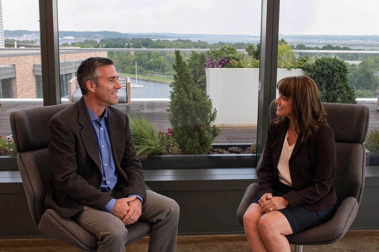 Cara Ugolini and a man in business attire having a conversation in an office with large windows overlooking a river and greenery.
