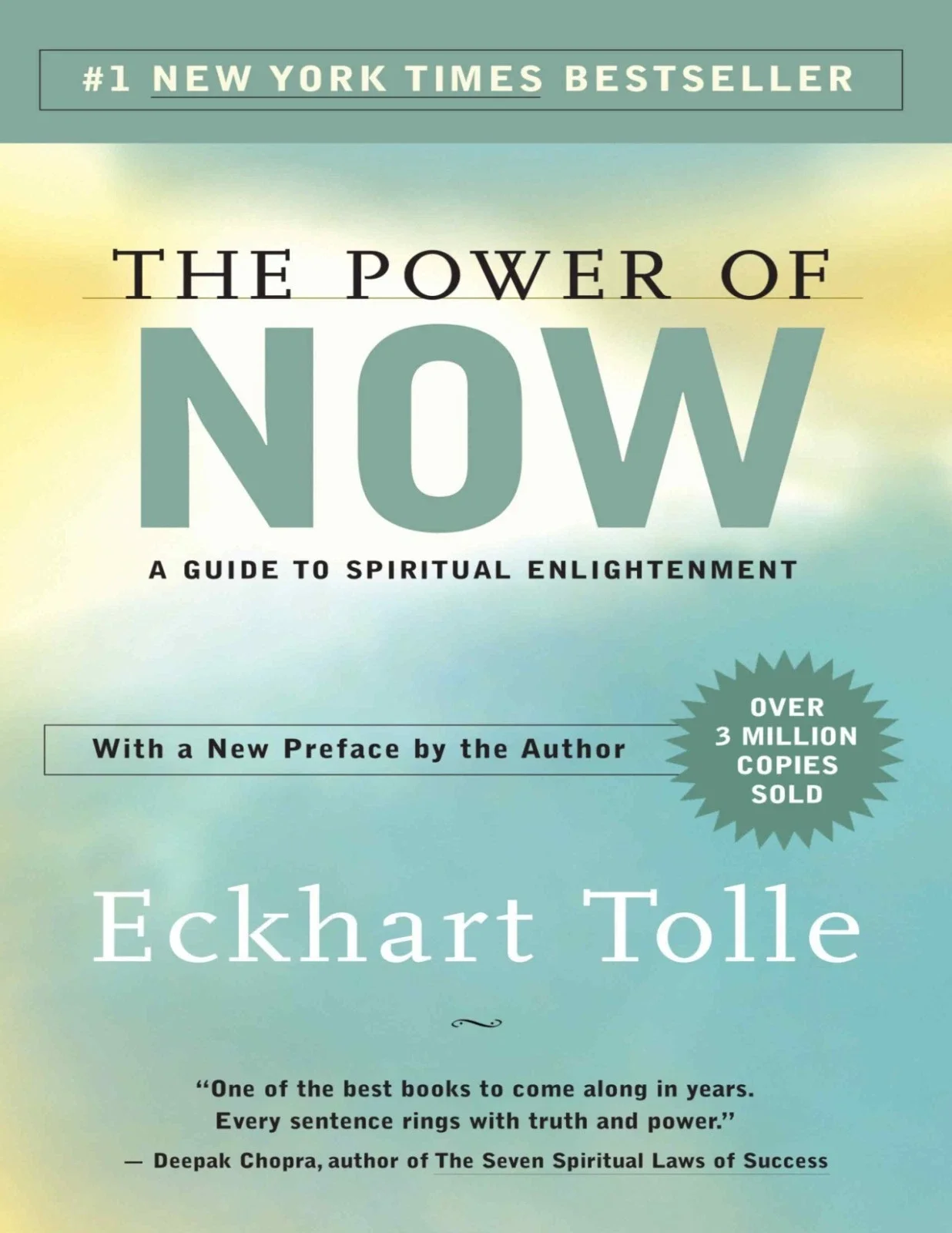 Book cover of The Power of Now by Eckhart Tolle, a teal and yellow cover with title information on it.