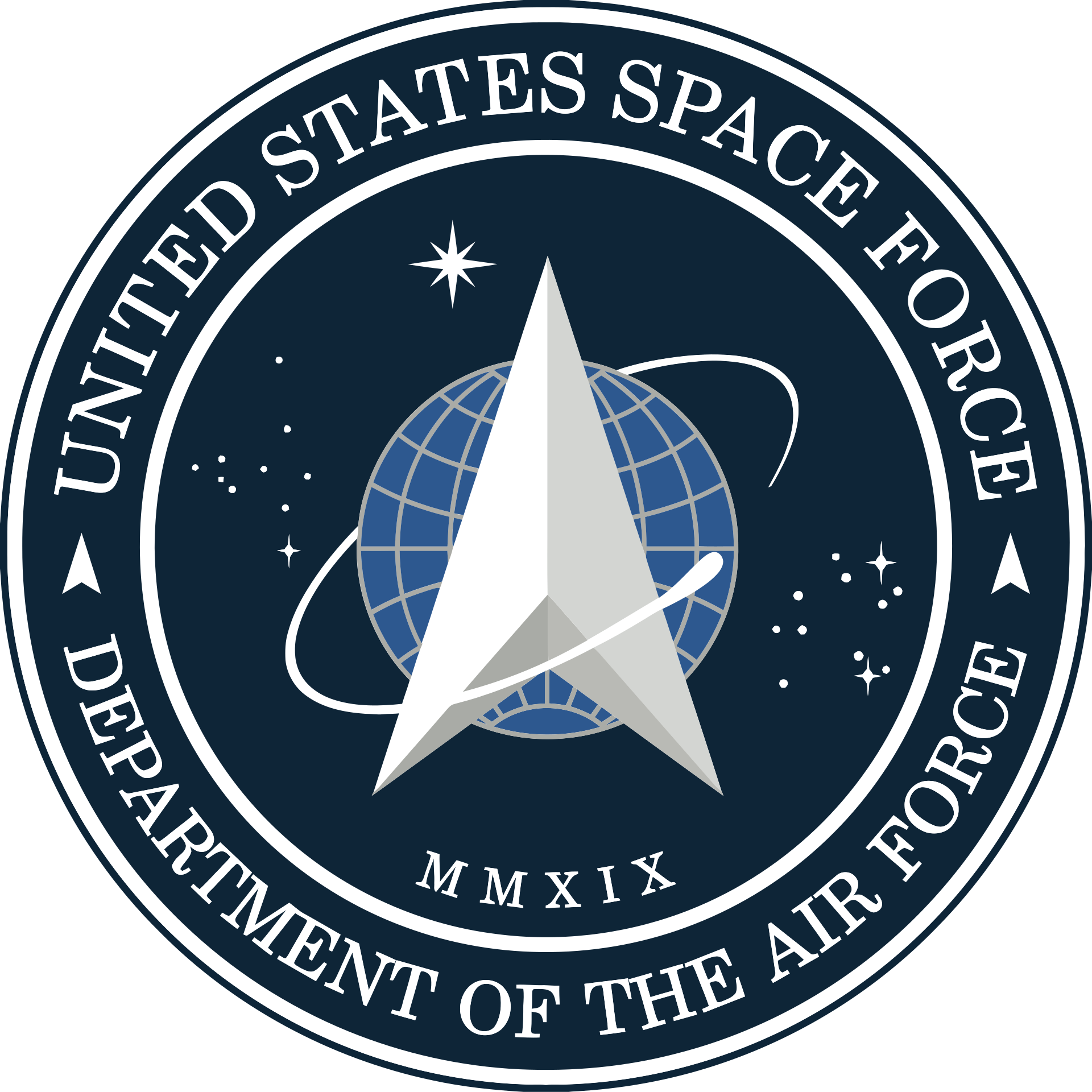 Seal of the United States Space Force with a globe, a star, and a stylized delta wing.