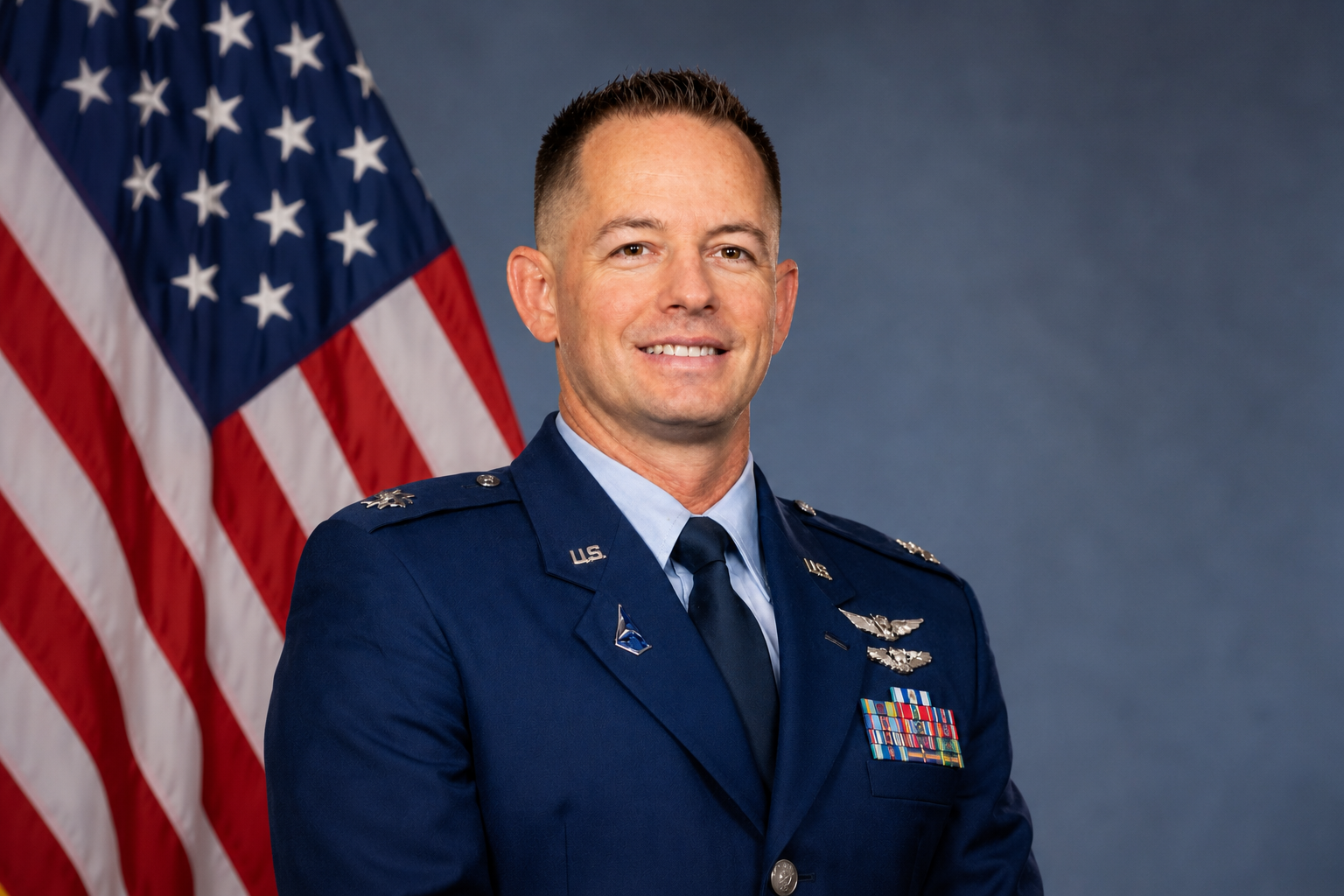 A man in a United States Air Force uniform standing in front of an American flag, smiling at the camera.
