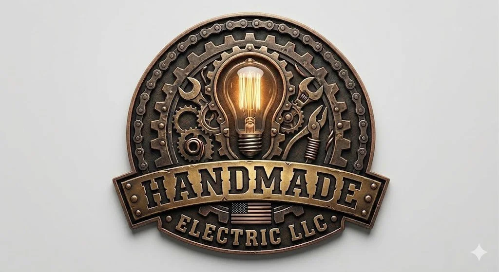 Metal logo for Handmade Electric LLC featuring a light bulb, gears, and tools on a plain background.