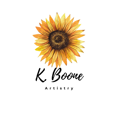 A sunflower with yellow petals and a dark center, above the text 'K. Boone' in script font and 'Artistry' in smaller font.