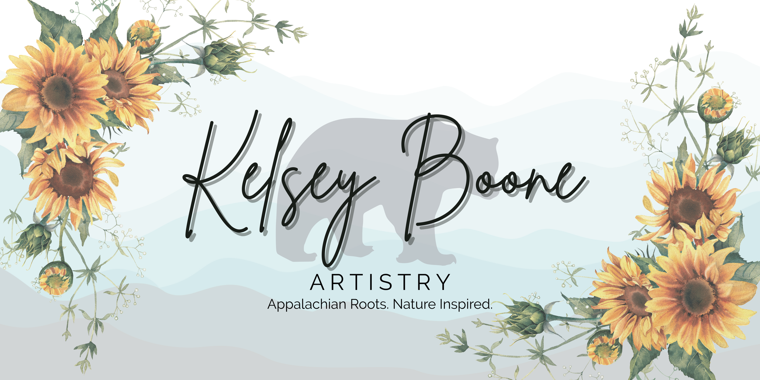 Design featuring sunflowers, leaves, and small buds surrounding the text 'Kelsey Boone ARTISTRY' with a bear silhouette in the background. The text also includes the phrases 'Appalachian Roots, Nature Inspired.'