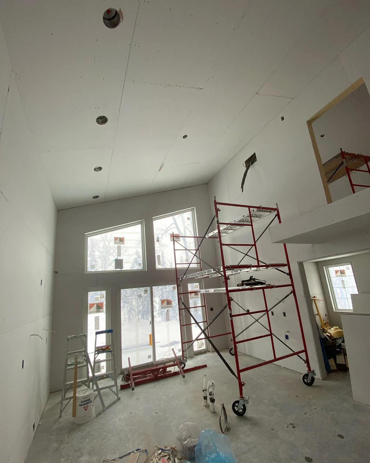 We do it all! Hang, tape, finish, prime &amp; paint. This is one of our latest hanging jobs on a beautiful architectural cabin!