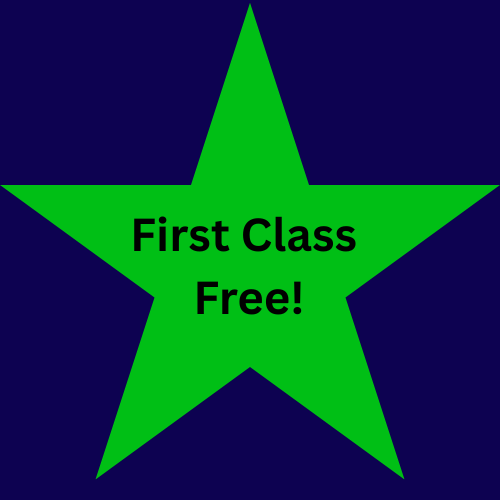 Green star with black text reading 'First Class Free!' on a dark blue background.