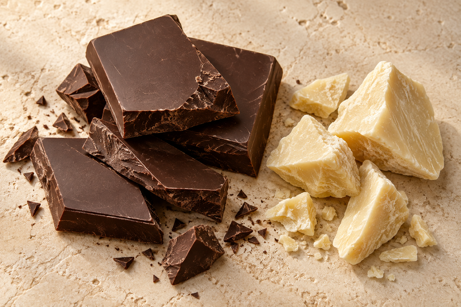 Dark baking chocolate slabs and natural cocoa butter pieces
