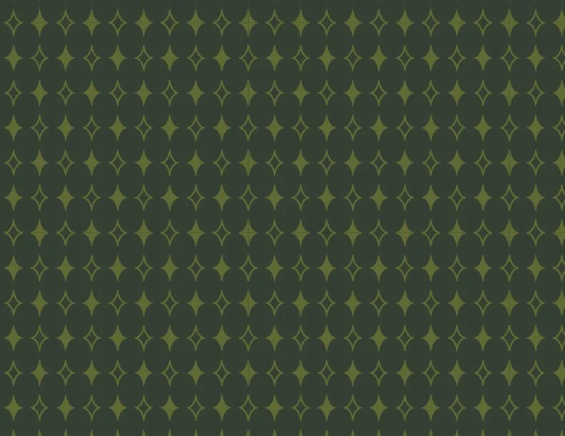 A pattern of small, dark green circles and light green four-pointed star shapes on a darker green background.