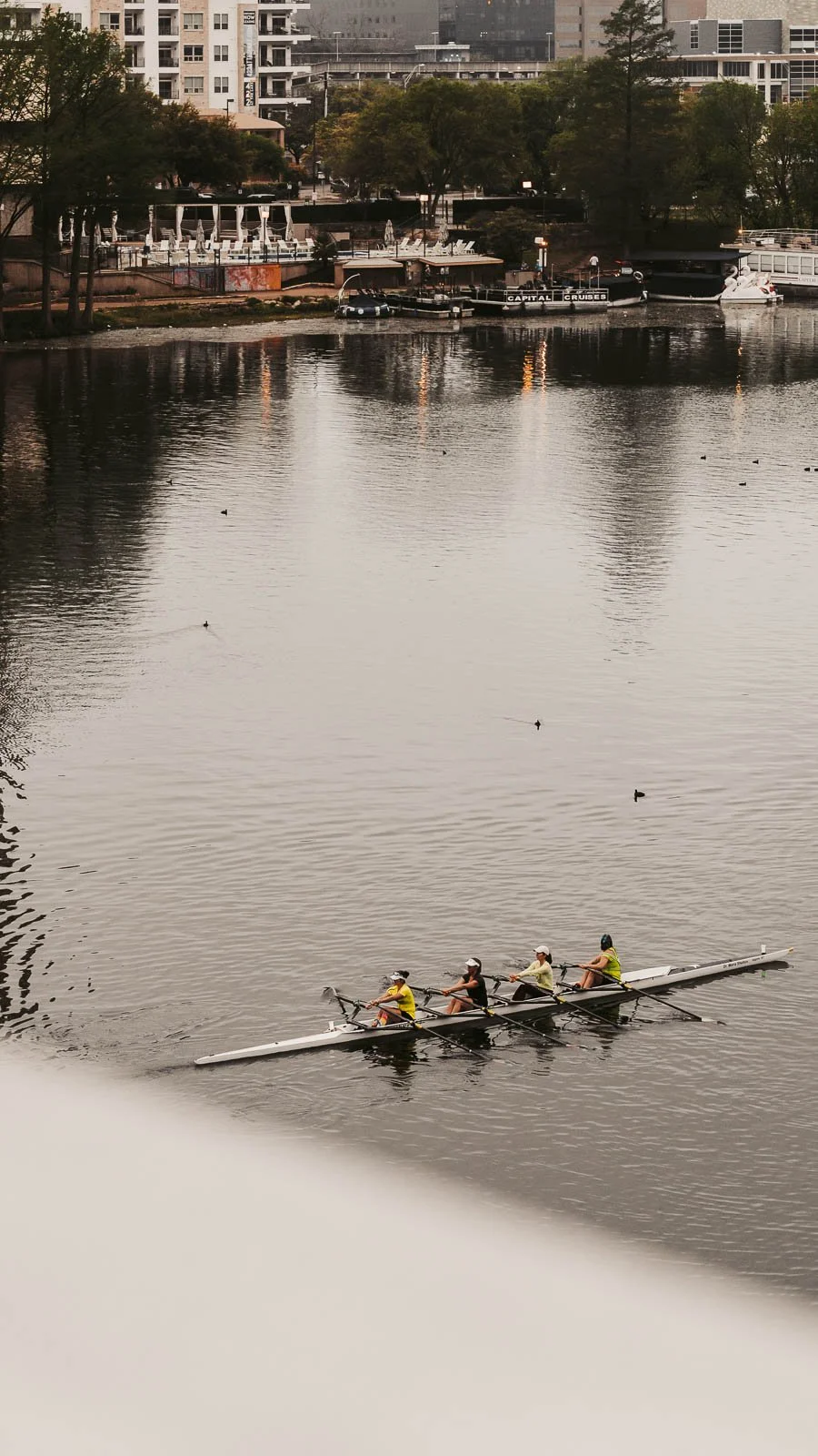 Four rowers in a boat on a river with city buildings, trees, and boats in the background.