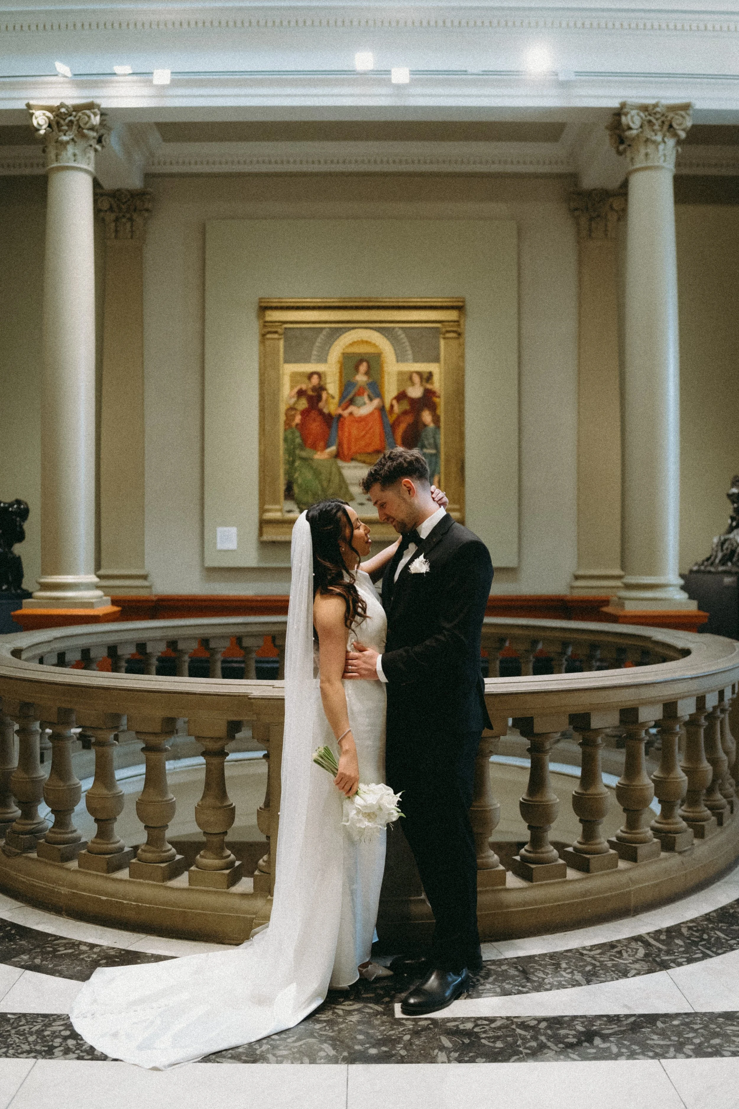 Happy wedding romantic couple in city elopement