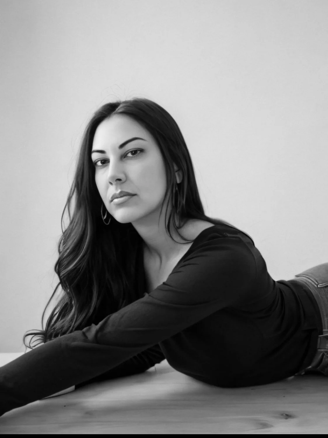 Black and white portrait of a woman with long dark hair, wearing a black top, lying on her stomach on a wooden surface, against a plain light-colored background.