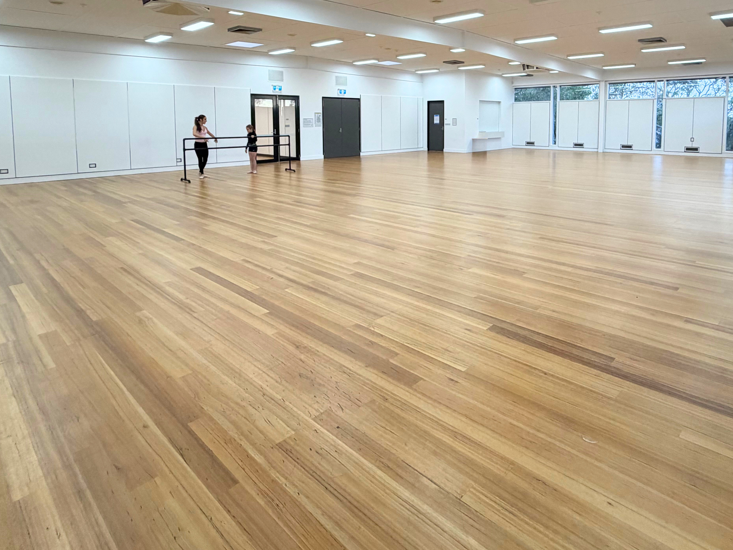 Large empty dance studio with wooden floors, white walls, and large windows along the back wall, with two young girls practicing ballet near a ballet barre.
