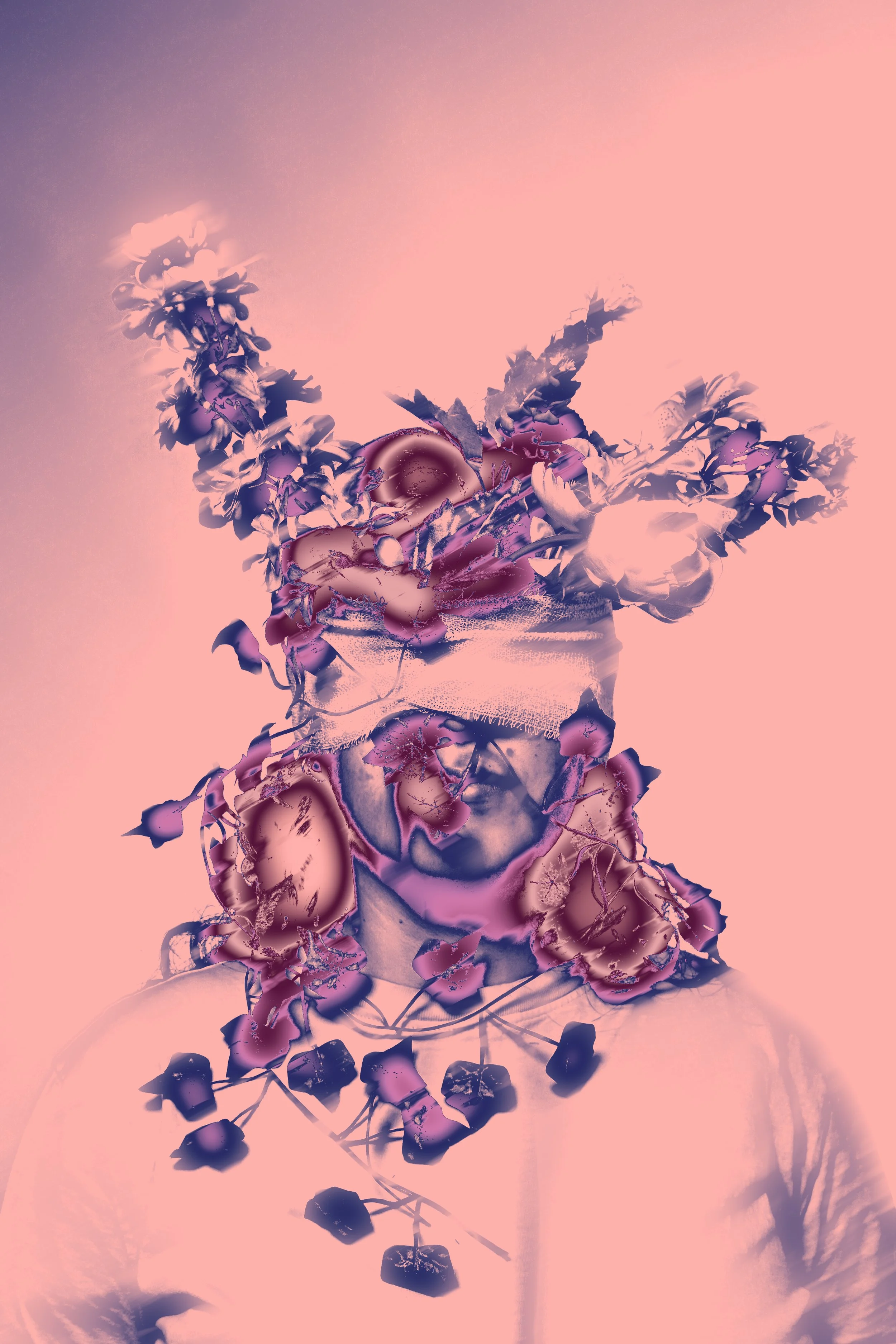 Un bouquet de fleurs violettes dans un vase, avec un fond rose pastel.