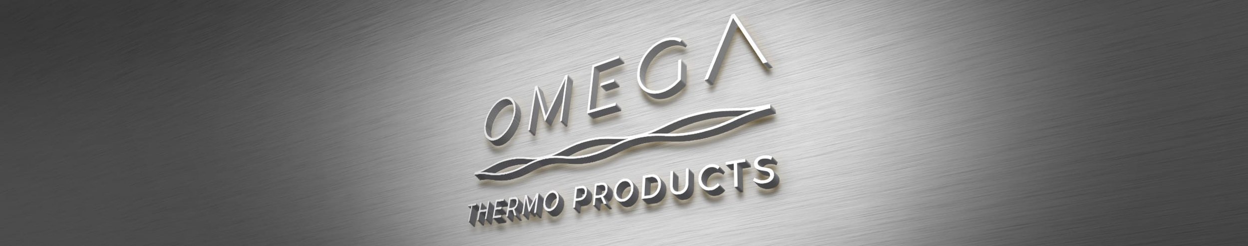 Metal sign on wall reading 'OMEGA THERMO PRODUCTS' with a wave-like design element.