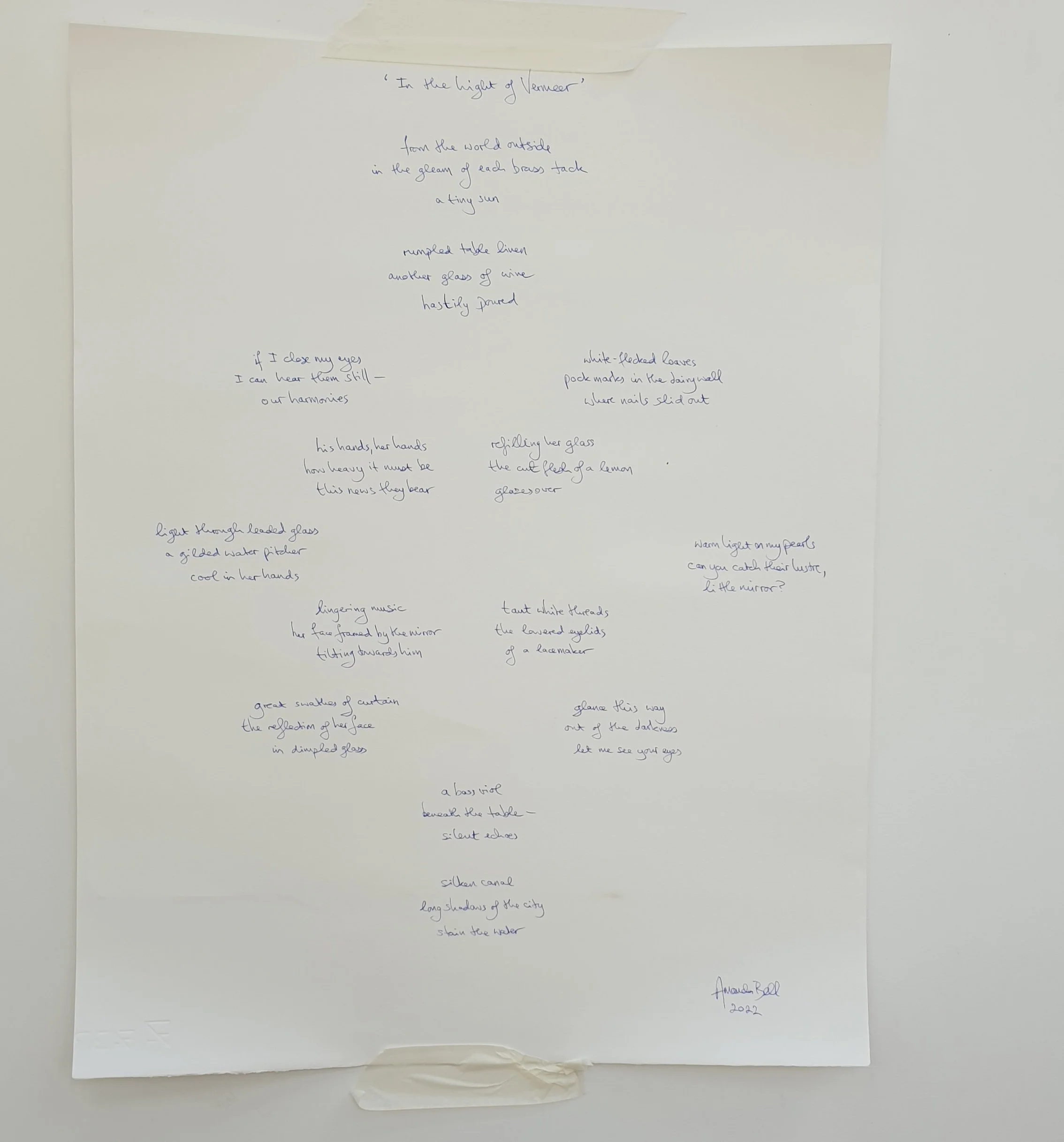 Haiku inspired by Vermeer. A commission by the Prix de Norvège Society. Exhibited in the Oude Kerk, Delft. 2022.