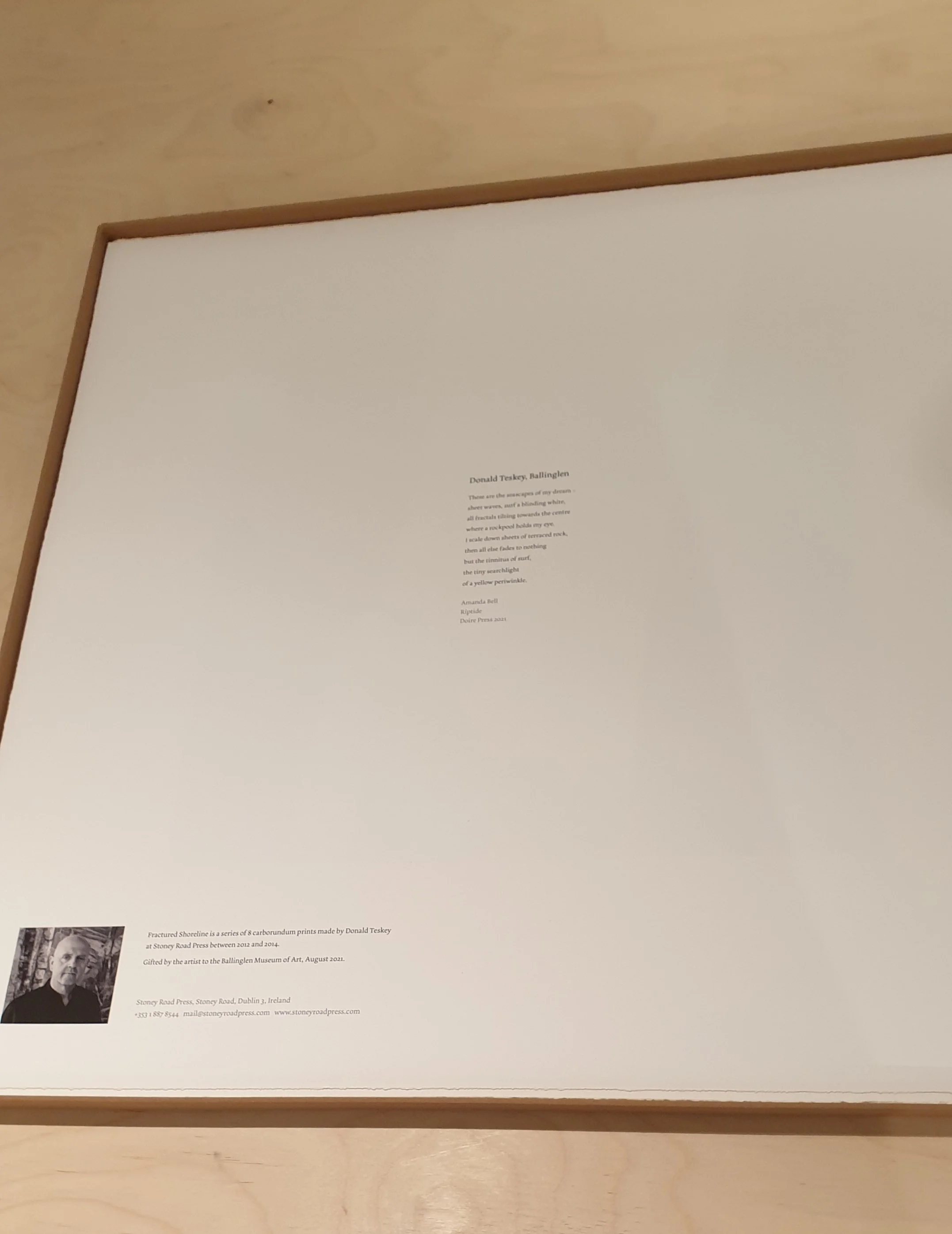 My poem 'Donald Teskey, Ballinglen', which was the colophon for a set of carborundum prints donated by the artist to Ballinglen Museum.