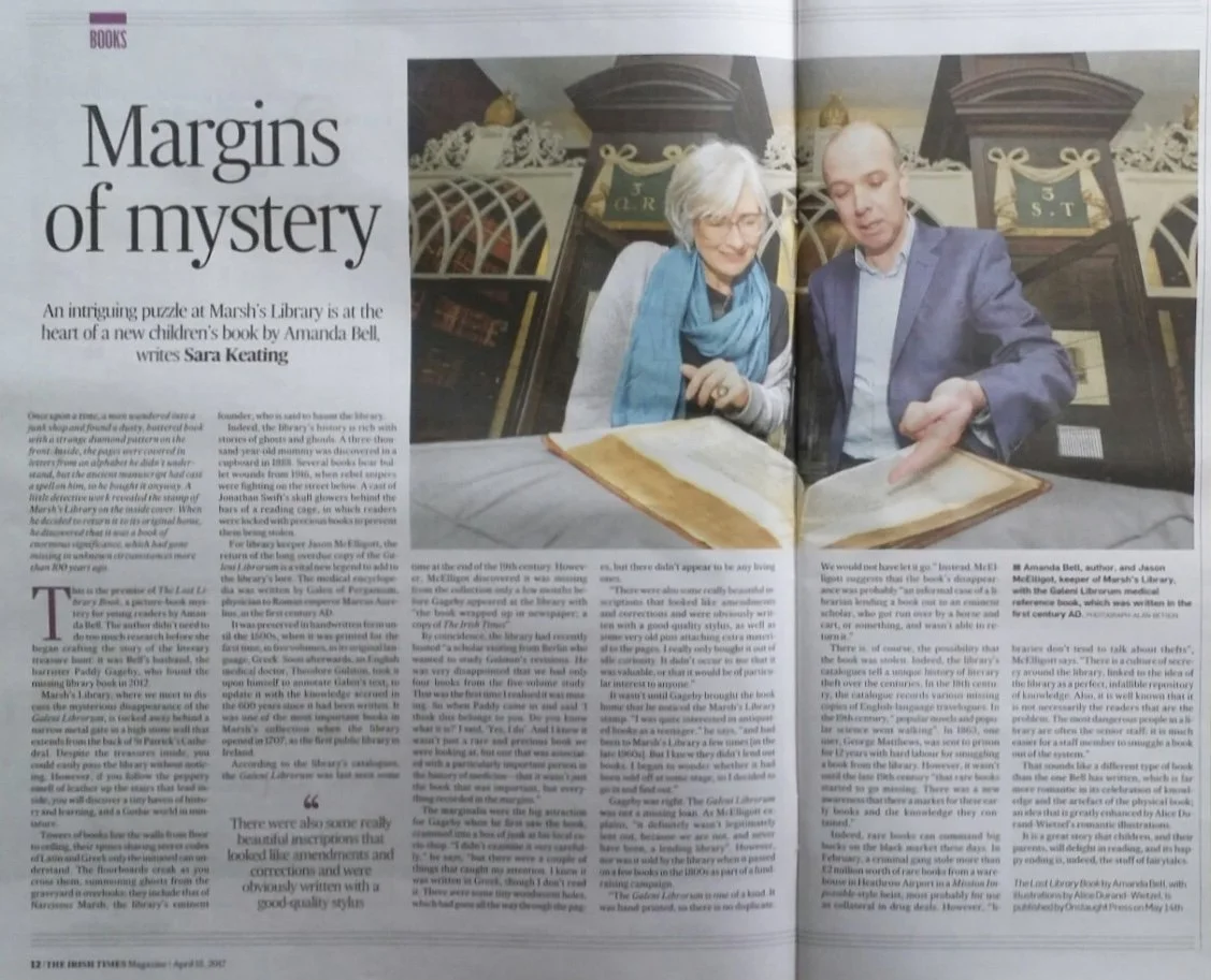 The background to The Lost Library Book, The Onslaught Press, 2017. Pictured here in The Irish Times with Jason McElligott, Keeper of Marsh's Library.