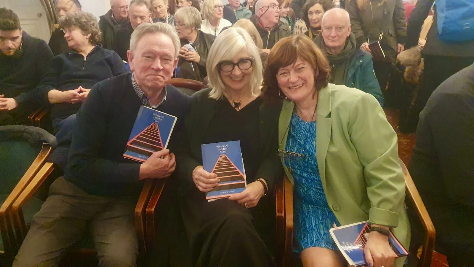 At the launch of Maeve O'Sullivan's Where All Ladders Start, Alba Publishing, 2024. Photographed here with Brian Kirk and Maeve O'Sullivan.