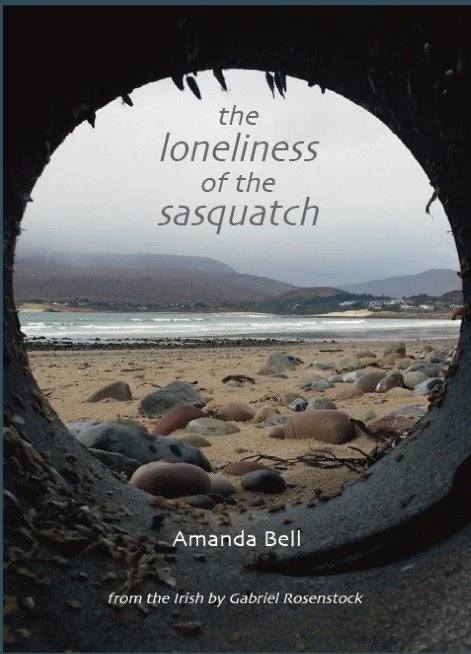 View of a rocky beach through a circular hole in a piece of driftwood with the text 'the loneliness of the sasquatch' and 'Amanda Bell' and 'from the Irish by Gabriel Rosenstock'.