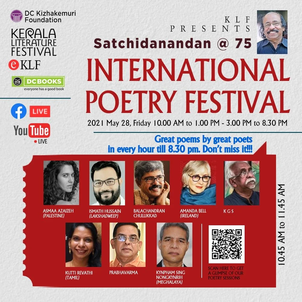 Poster for the Satchidanandan 75th International Poetry Festival, hosted by the Kerala Literature Festival, featuring poets from various countries in 2021