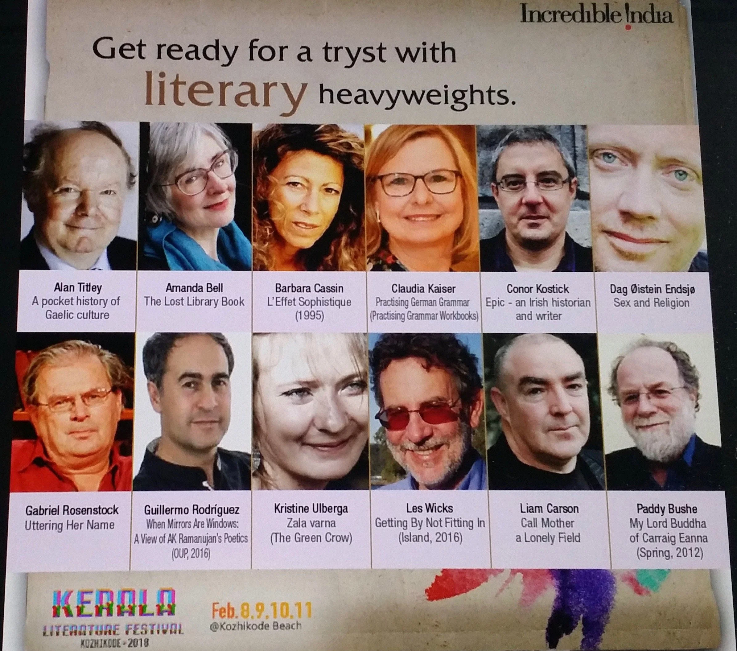 A collage of headshots of various authors and scholars with their names and book titles, promoting an event related to literature and culture in India.