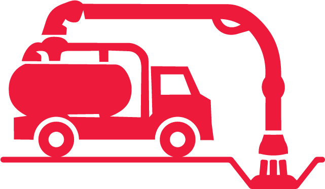 Icon of a fire truck with a water hose spraying water, in red and black. sharp-edged graphic style.